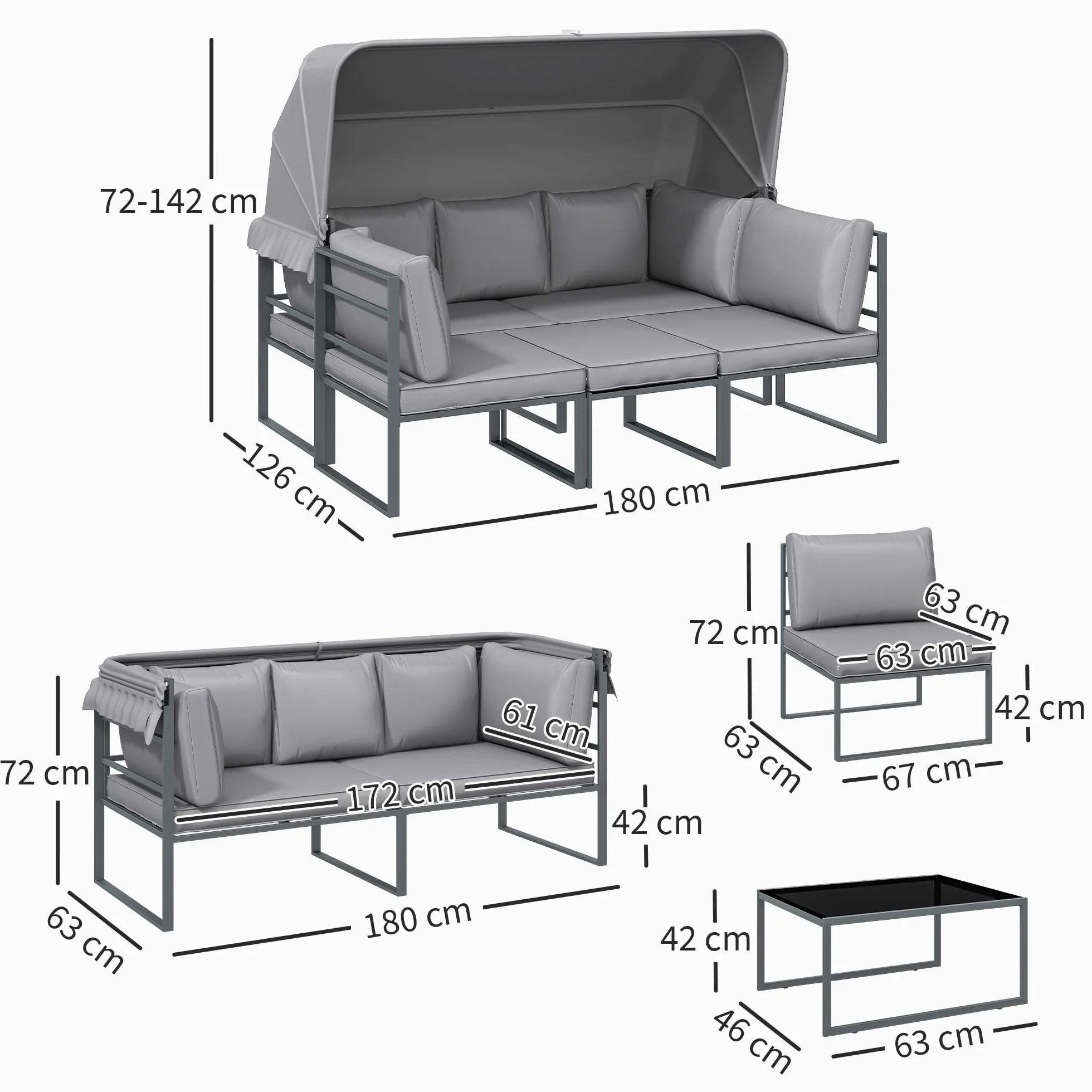 Outsunny Salon de Jardin extérieur 4 pièces modulaire avec canapé 3 Places, 2 fauteuils et Table Basse en Verre trempé, mobilier de Jardin avec Coussins Inclus pour terrasse ou véranda, Gris