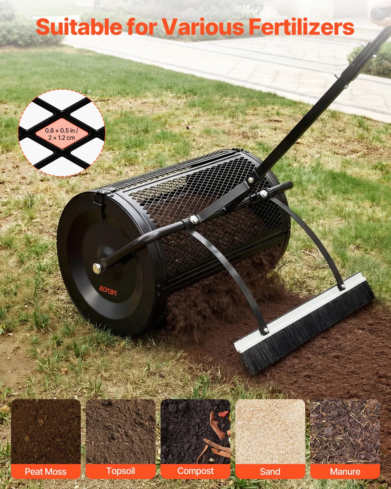 VEVOR Rouleau Épandeur à Compost 61 cm Épandeur Mousse de Tourbe à Rouleau Treillis pour Épandage Gazon Fumier, avec Poignée à Pousser et à Remorquer, 4 Hauteurs Réglables, Acier Thermolaqué, Noir