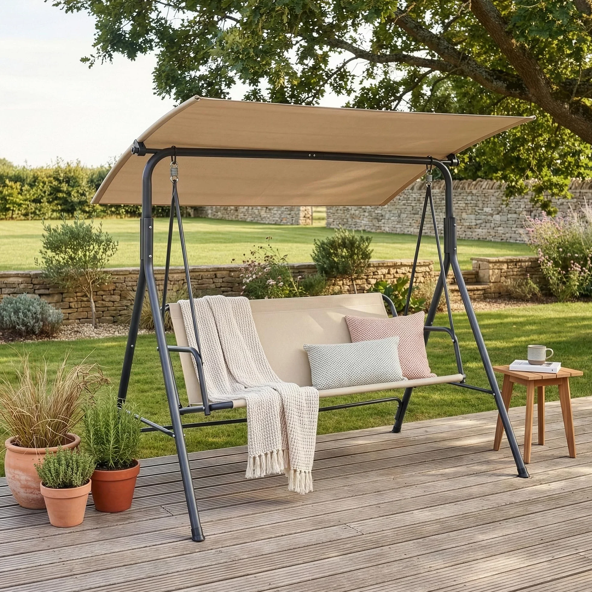 Balancelle de Jardin pour 3 Personnes avec Toit Solaire Réglable Stable Résistant aux UV et à l'eau Acier Polyester Plastique 173 x 119 x 153 cm Vert Clair Beige