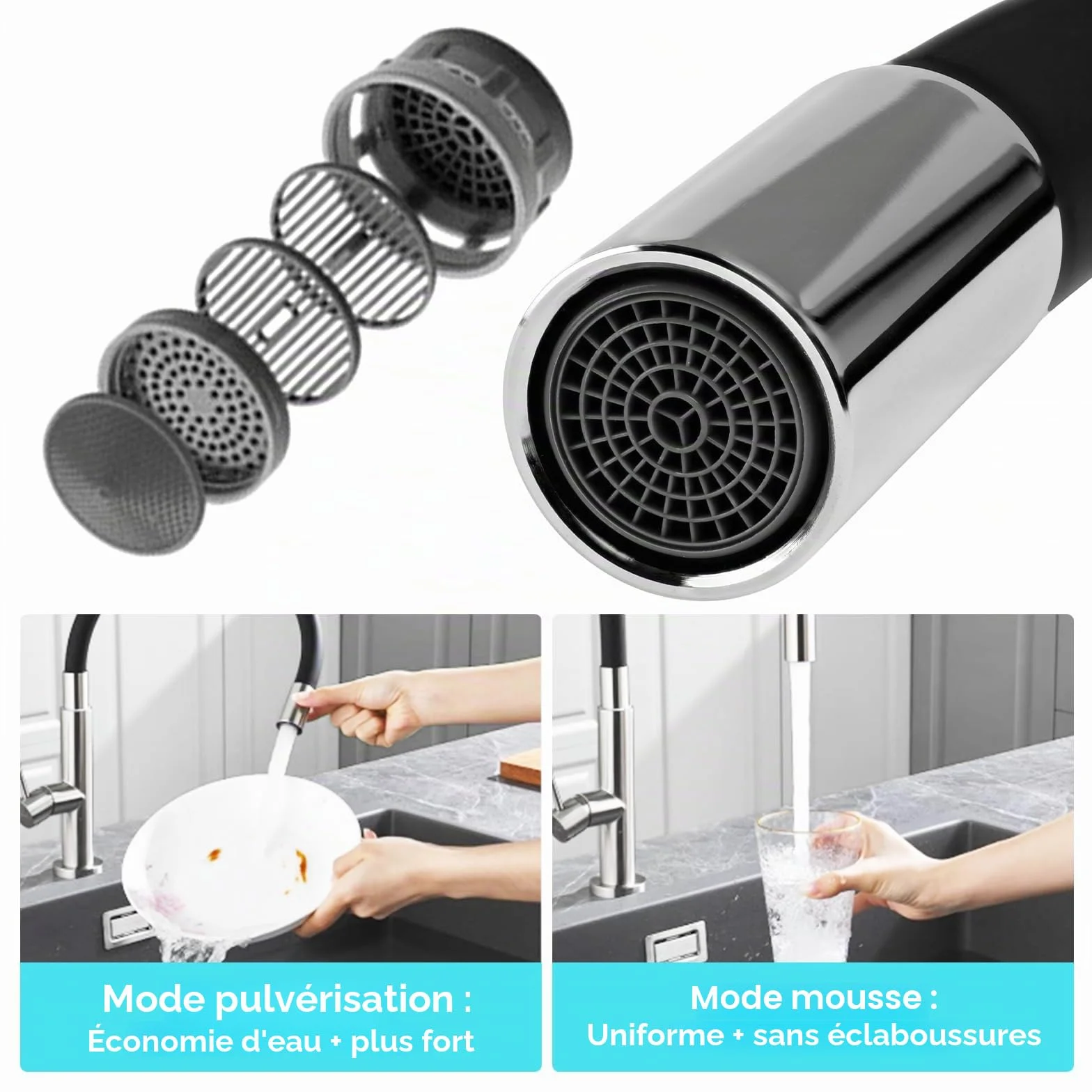 Mitigeur Cuisine Rotatif 360° Acier Inoxydable Bec Flexible Robinet Evier Haute Pression Noir