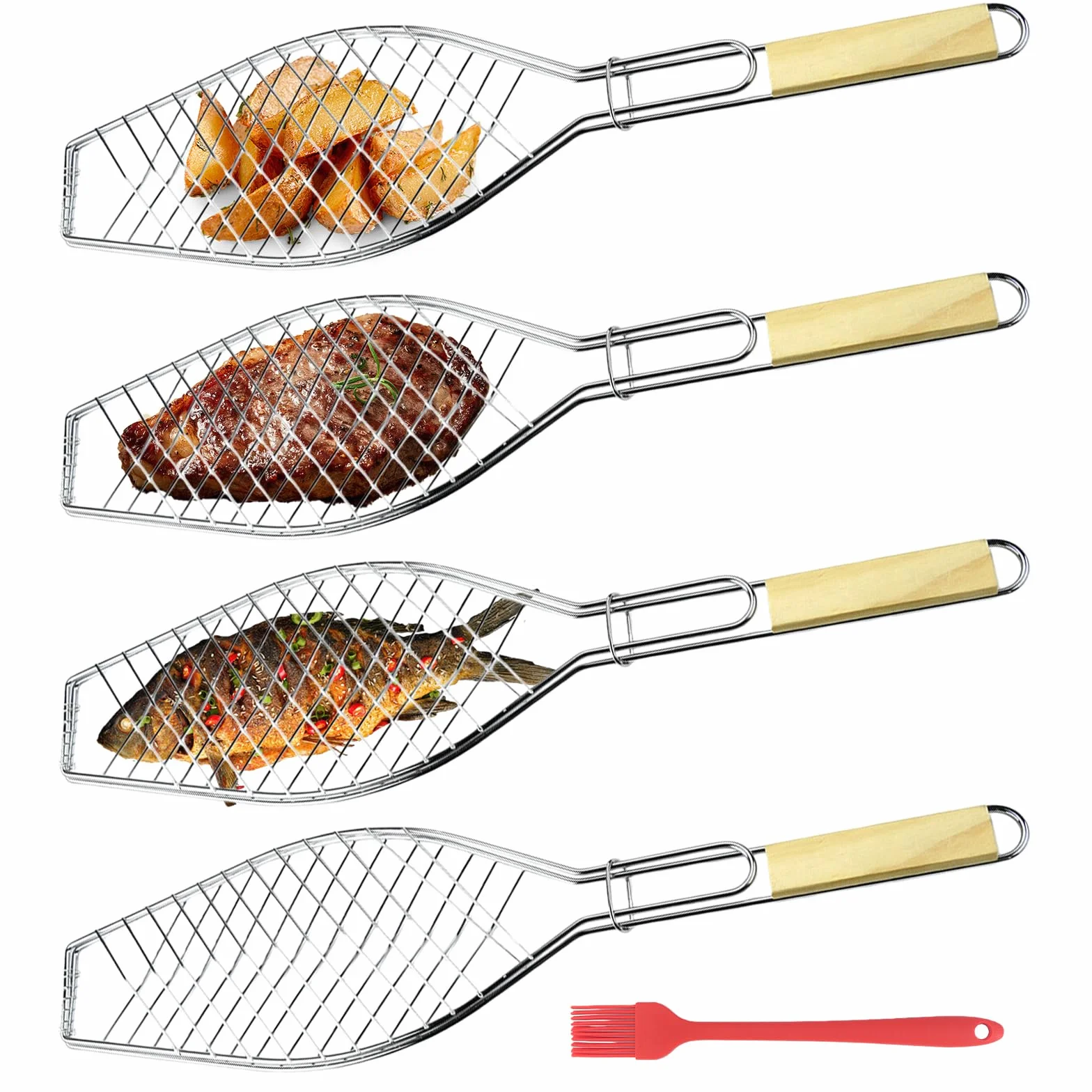 GBKDQQ Lot de 4 supports de barbecue en acier inoxydable avec manche en bois et brosse à huile - 60 x 15 cm - Pince à poisson pour barbecue et barbecue
