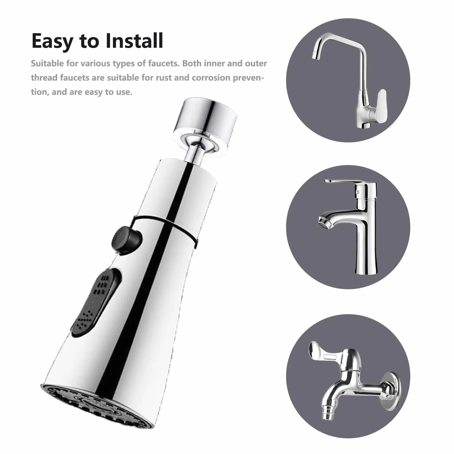 Douchette Evier Cuisine 360° Rotatif 3 Modes Mousseur Robinet Anti-Éclaboussures Embout Universel Laiton Adaptateurs Multi-Tailles