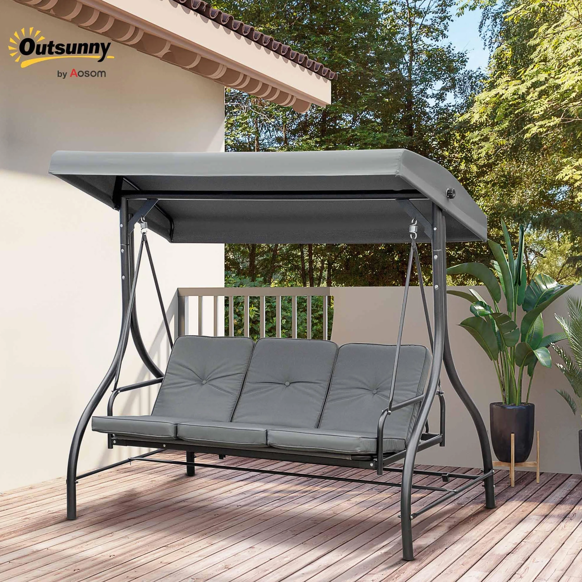 Outsunny Balancelle de Jardin 3 Places Convertible Toit réglable Matelas 7 cm Gris métal époxy Noir