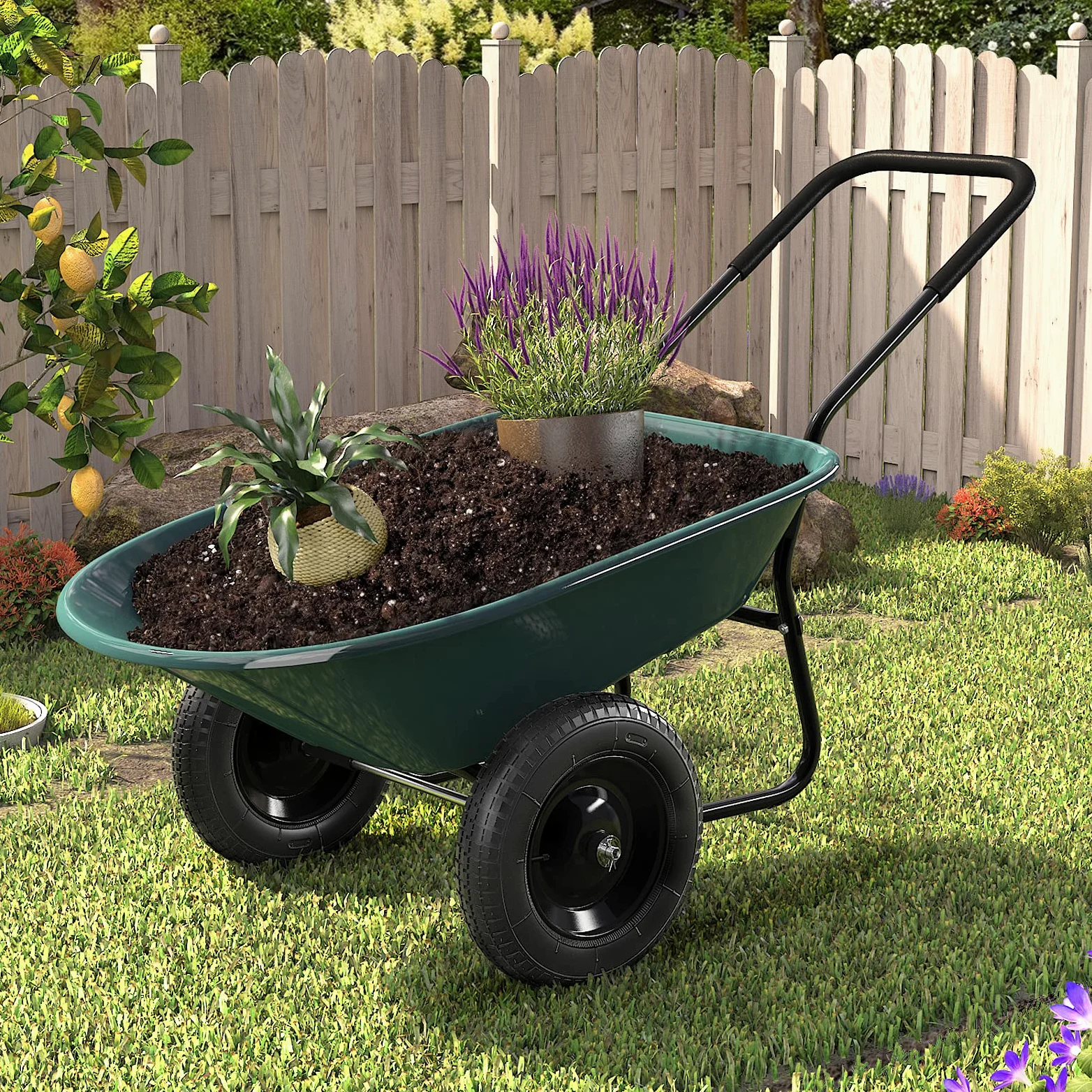 GYMAX Brouette de Jardin 2 Roues avec Cuve de 140 L, Chariot de Jardin avec Contenant en PP, Cadre en Fer Charge 100kg, Pneumatiques pour Tout Terrain, Convient pour Jardin, Patio et Entrepôt (Vert)