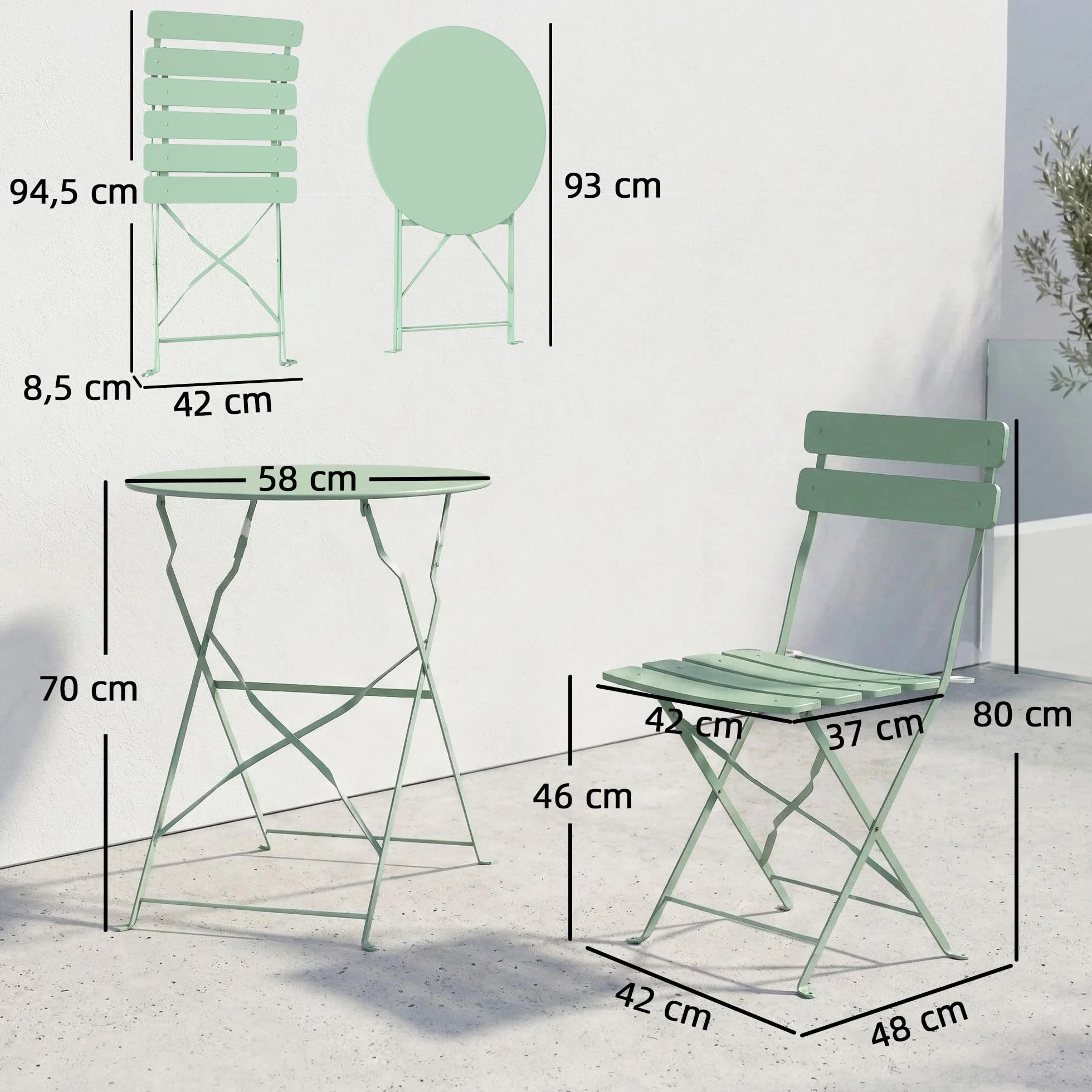 Outsunny Ensemble Bistrot de Jardin 3 Pièces Table et 2 Chaises Pliantes Métal Antirouille Vert
