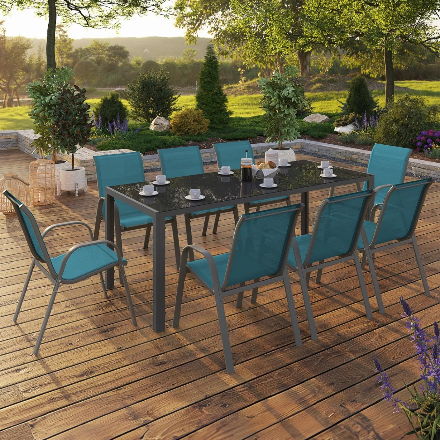 Salon de Jardin Madrid Table 190 CM 8 Chaises Empilables Bleu Canard