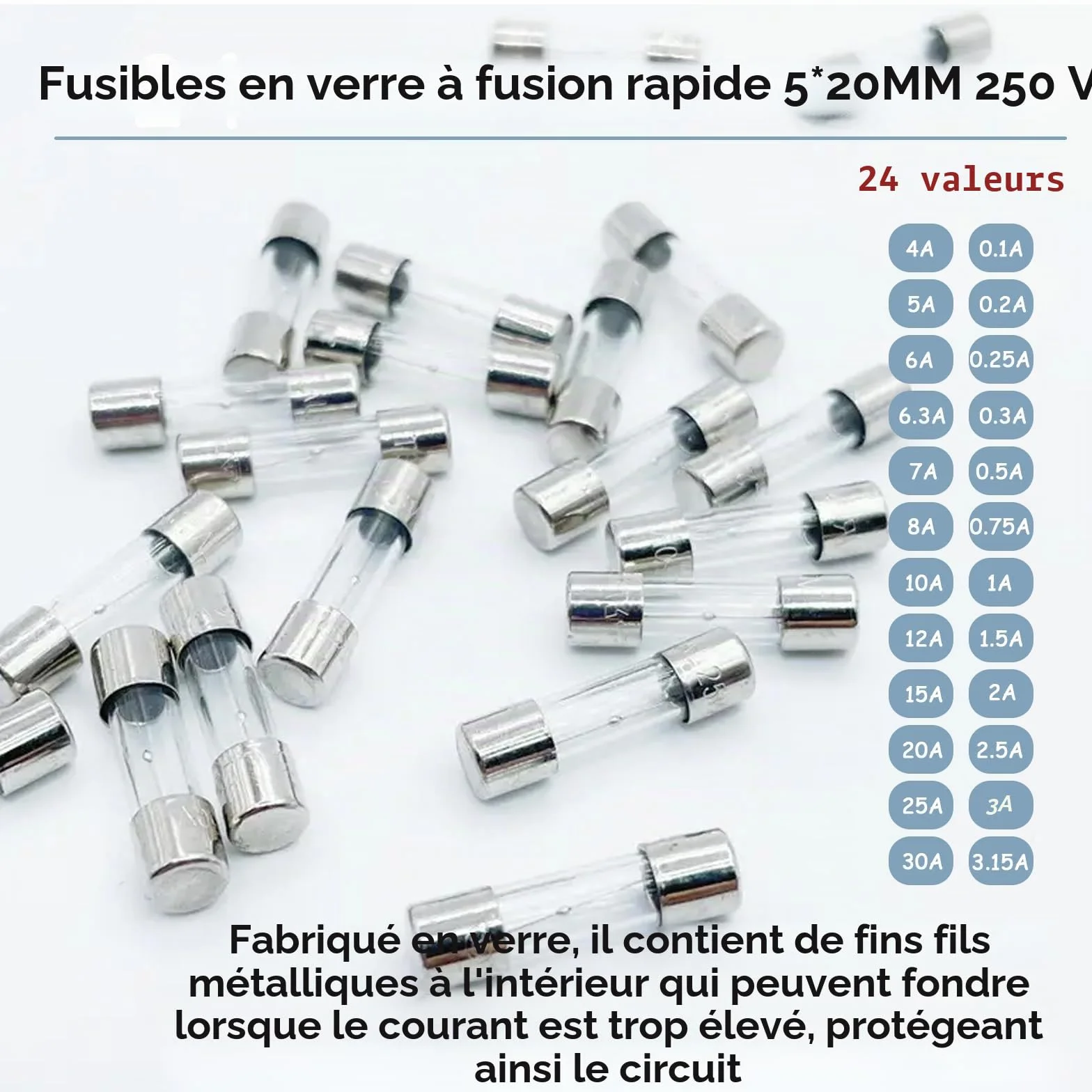 Kit d'assortiment de Fusibles à action lente 5x20mm 250V 240 pcs 24 Valeurs