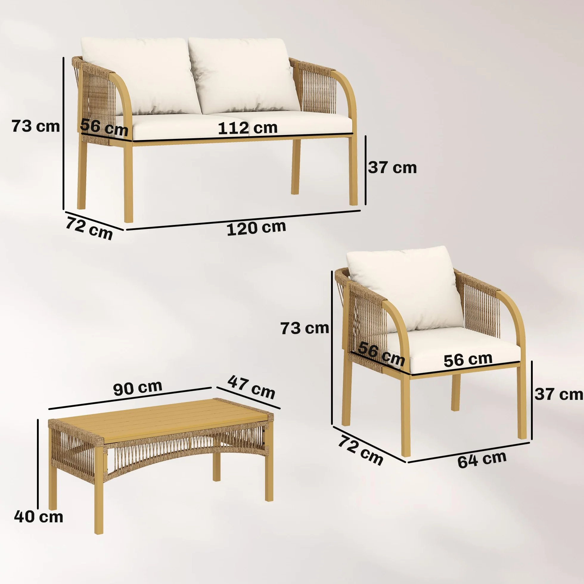 Outsunny Salon de Jardin Extérieur Résine Tressée 4 Pièces Canapé 2 Places Fauteuils Table Basse Coussins Déhoussables Plateau Acier Kaki