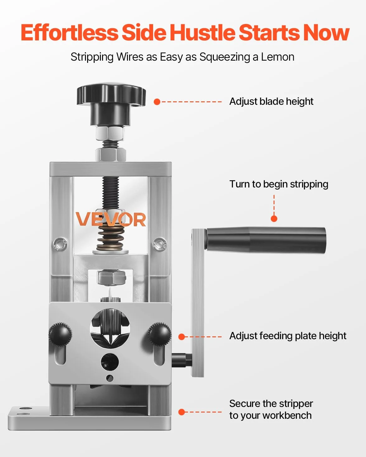 VEVOR Dénudeur Câble Manuel 1,5-25 mm Machine à Dénuder Cuivre à Manivelle Lames Trempées 64Mn Rouleaux Acier 45#