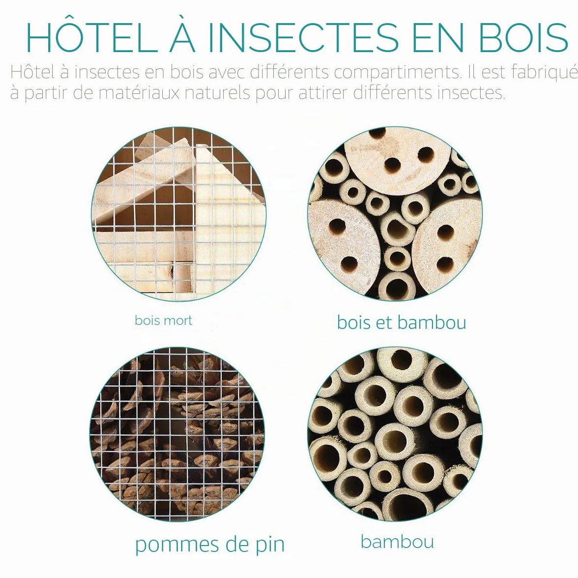 Navaris Hôtel à Insecte Bois XL 40 x 23 x 7 cm Cabane Abri Refuge Toit Métal Abeille Coccinelle Papillon