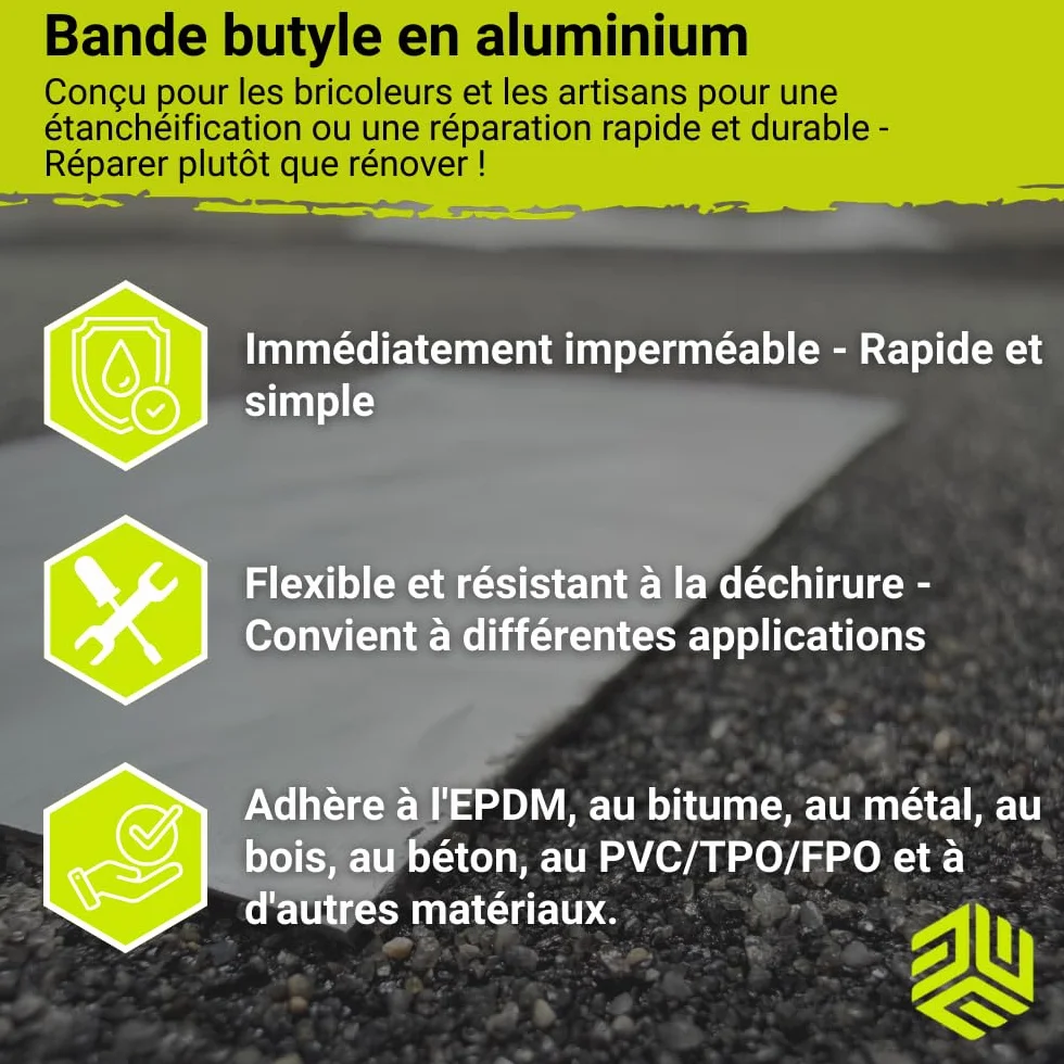 Ruban butyle aluminium autocollant 5cm x 10m étanche pour toiture gouttière solin anti-fuite UV temps extrêmes