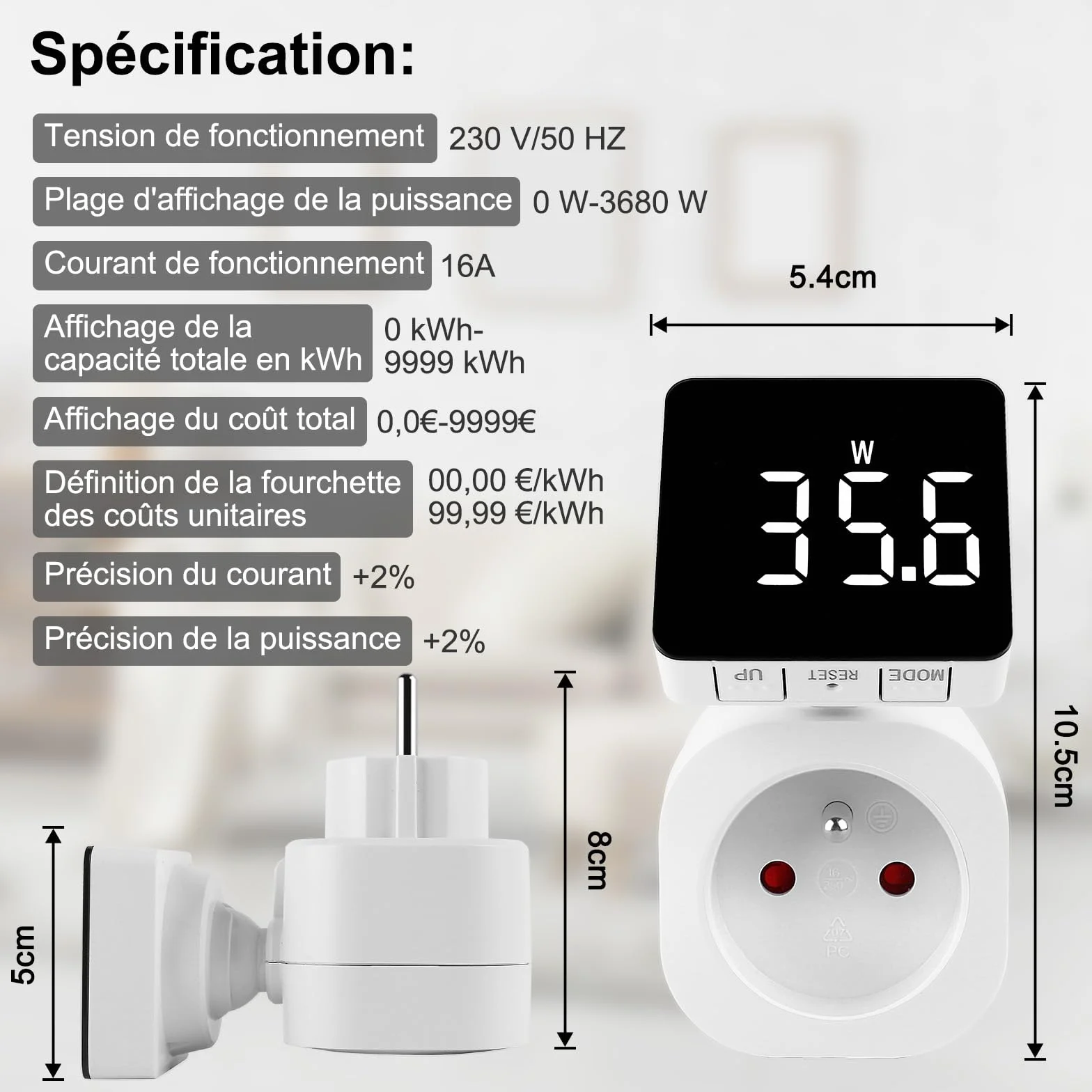 Compteur Électrique Wattmètre Prise avec LCD Rotatif 180°, 6 Modes Mesure kWh, Tension, Courant, Coût