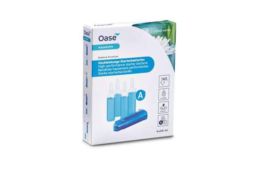 OASE AquaActiv BioKick Premium 51280 Lot de 4 flacons de 20 ml pour 10 000 l chacune, bactéries, filtrantes hautement concentrées, pour étang, étang à poissons, étang de jardin, étang de natation Bleu