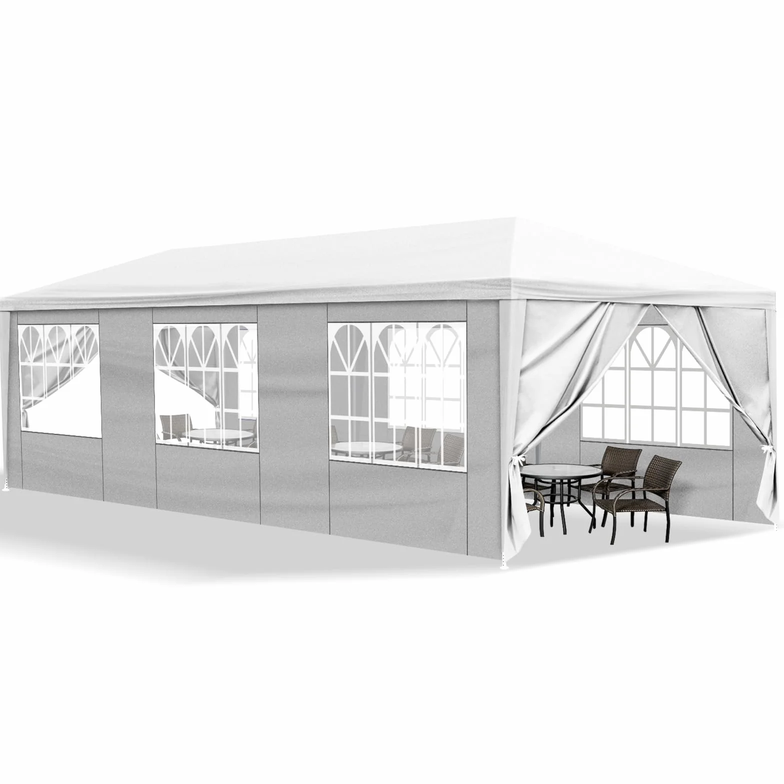 Bonnlo Tonnelle de Jardin 3x9m avec 8 Parois Latérales imperméable avec 6 fenêtres Tente de Réception en Toile PE Tubes Spiralés en Fer Barnum Blanc pour Camping Mariage Parking Fête