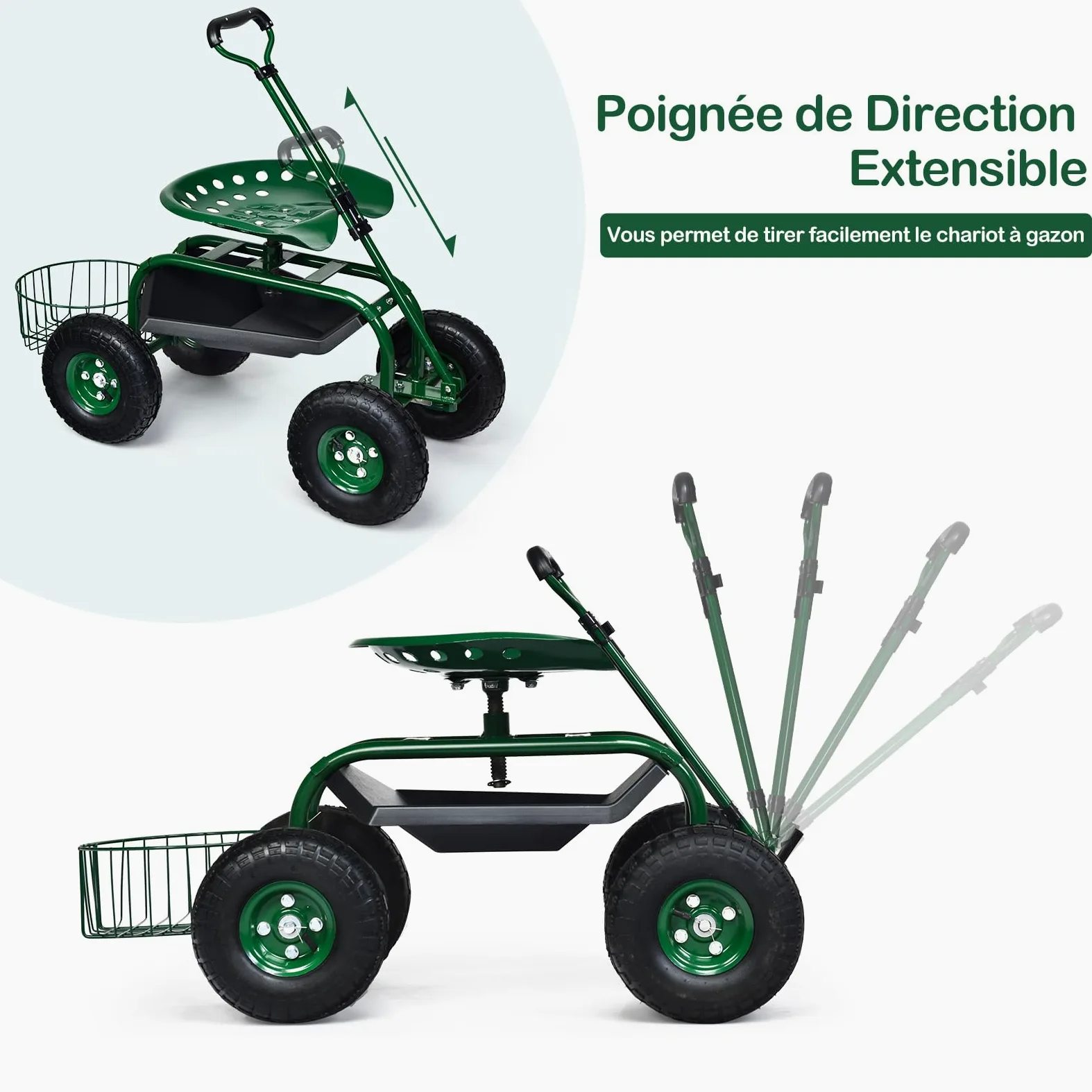 GOPLUS Siège de Jardin Roulant avec 2 Plateau à Outils, Poignée Ronde Extensible, Panier de Rangement, Siège Hauteur Réglable 45,5-54,5cm avec 4 Roues en Caoutchouc, Vert (avec Poignée)