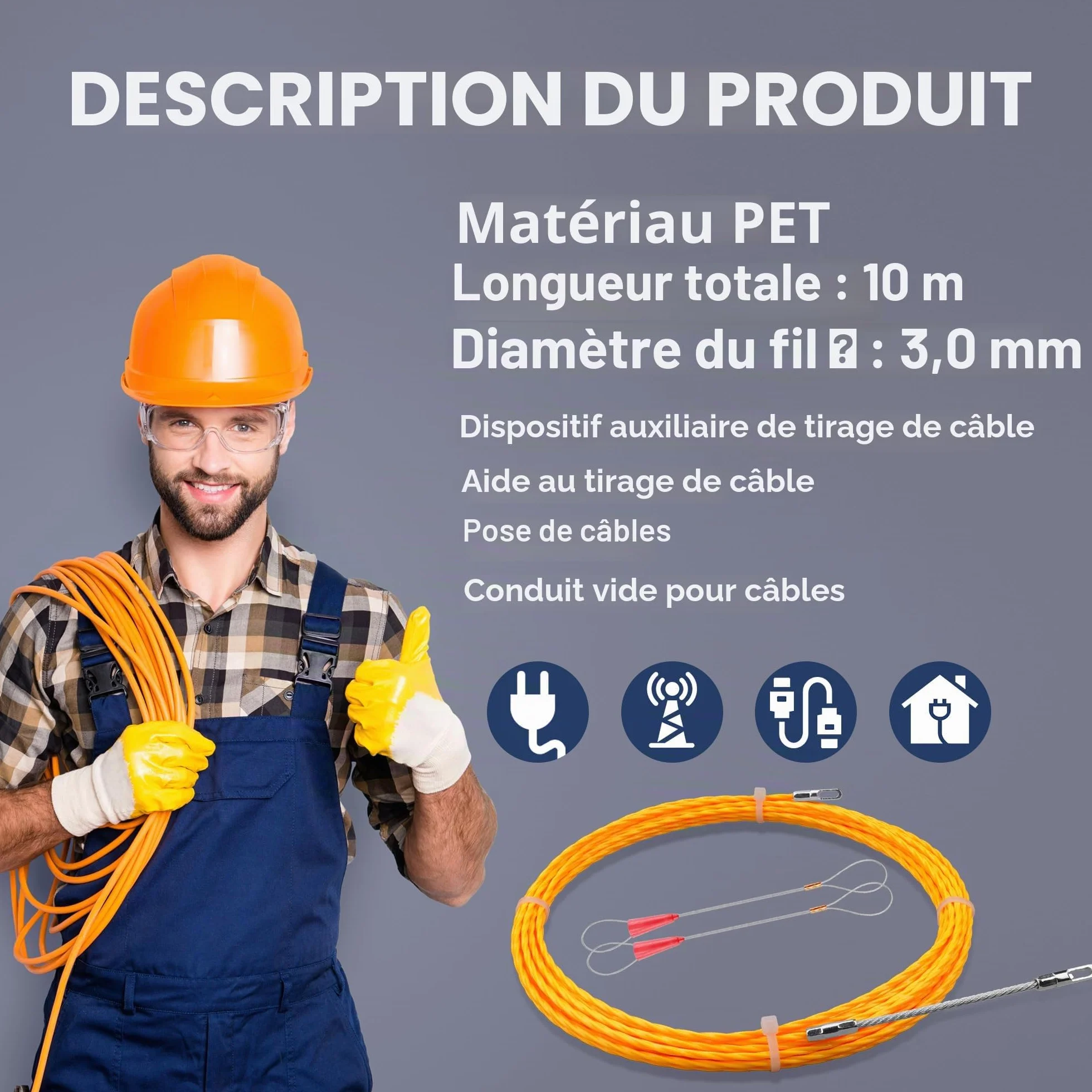 Aiguille Electricien 10 m - Tire Fils Electrique Ressort Rétractable Spirale (3,0 mm)