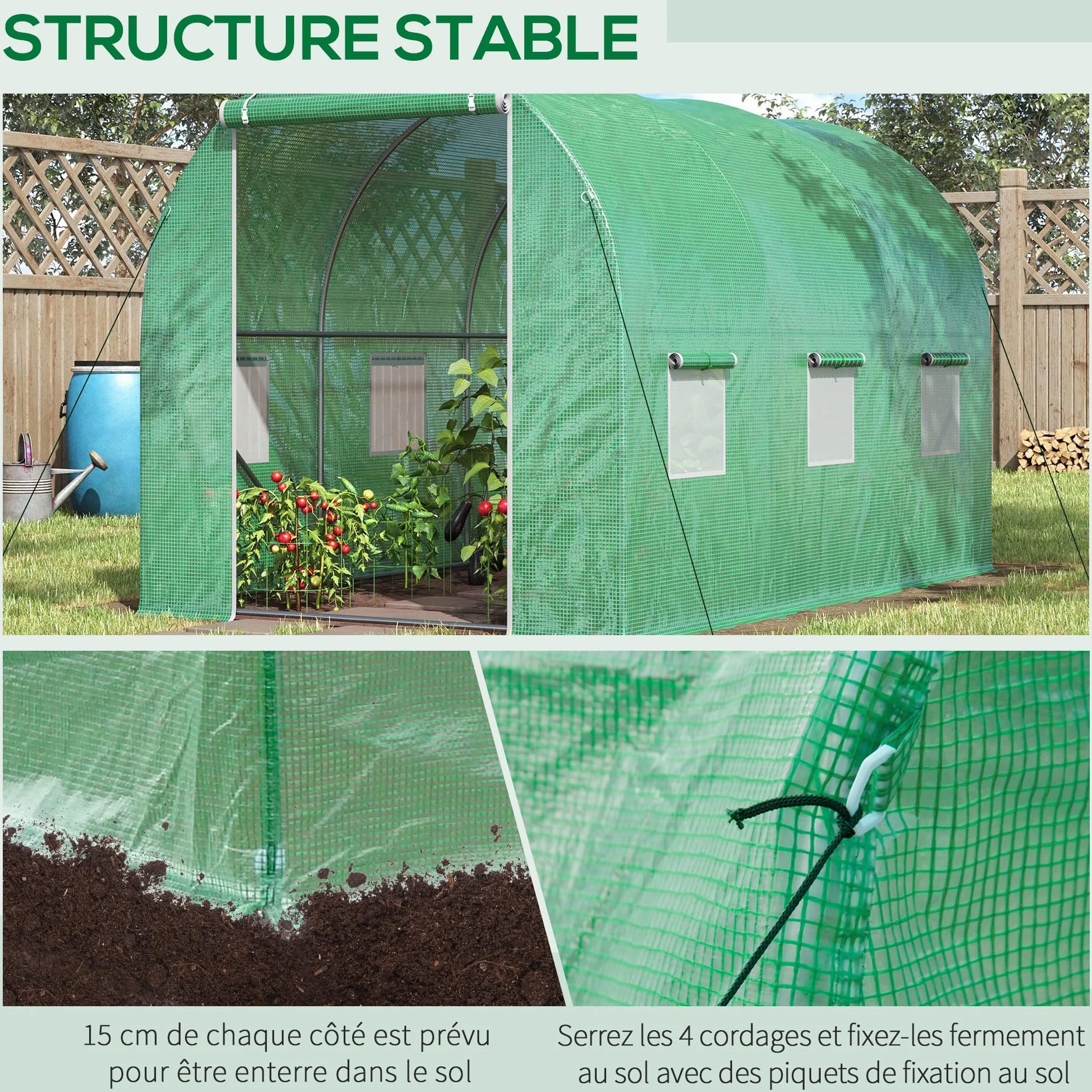 Outsunny Tunnel Serre de Jardin Surface au Sol 6 m² dim. 3 x 2 x 2 m Châssis Tubulaire renforcé Porte battante 6 fenêtres enroulables Vert