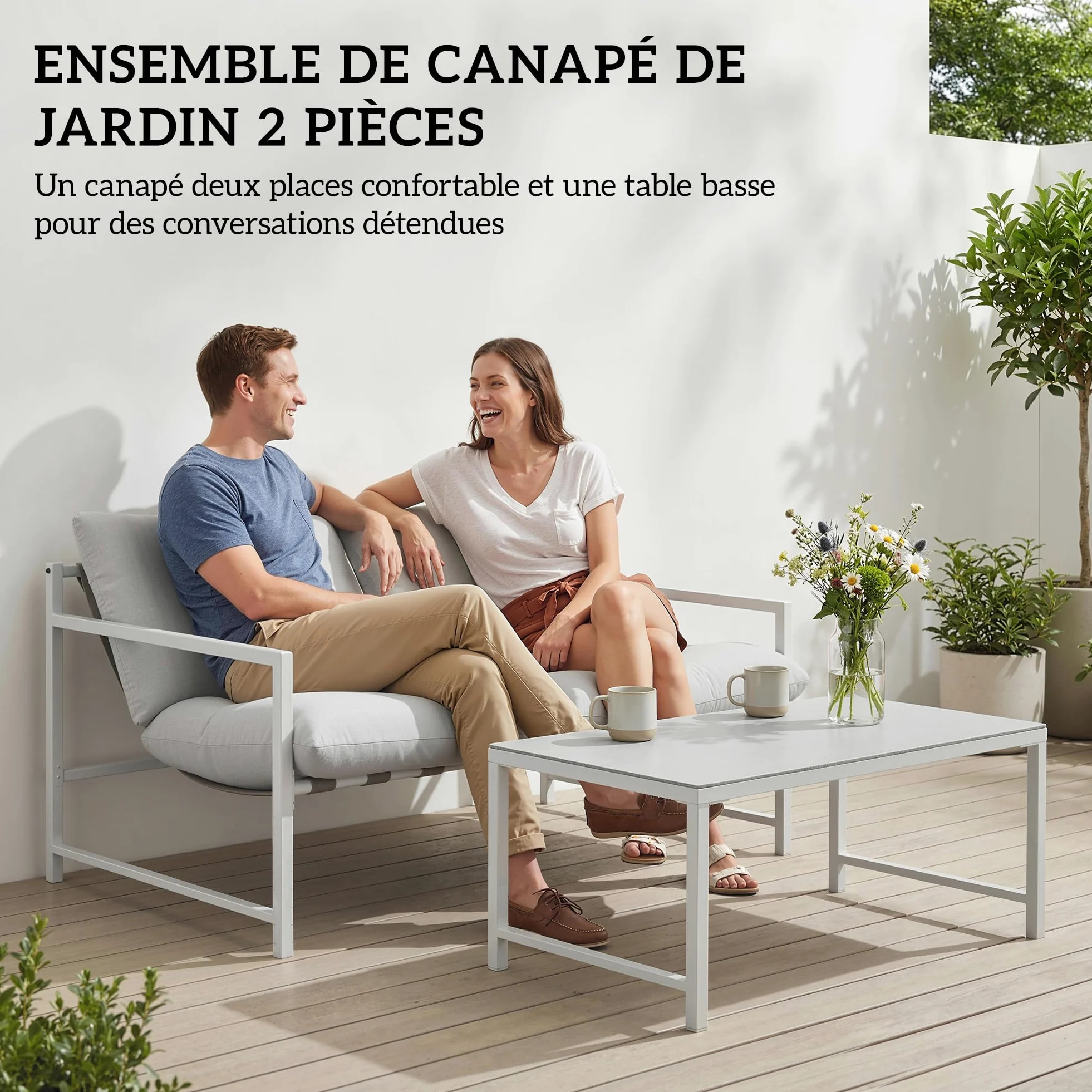 Outsunny Salon de Jardin Extérieur 2 Pièces, Canapé 2 Places avec 2 Coussins et Table Basse en Verre Trempé Marbré 3D, Mobilier de Jardin pour Terrasse Balcon Jardin, Acier, Gris Clair