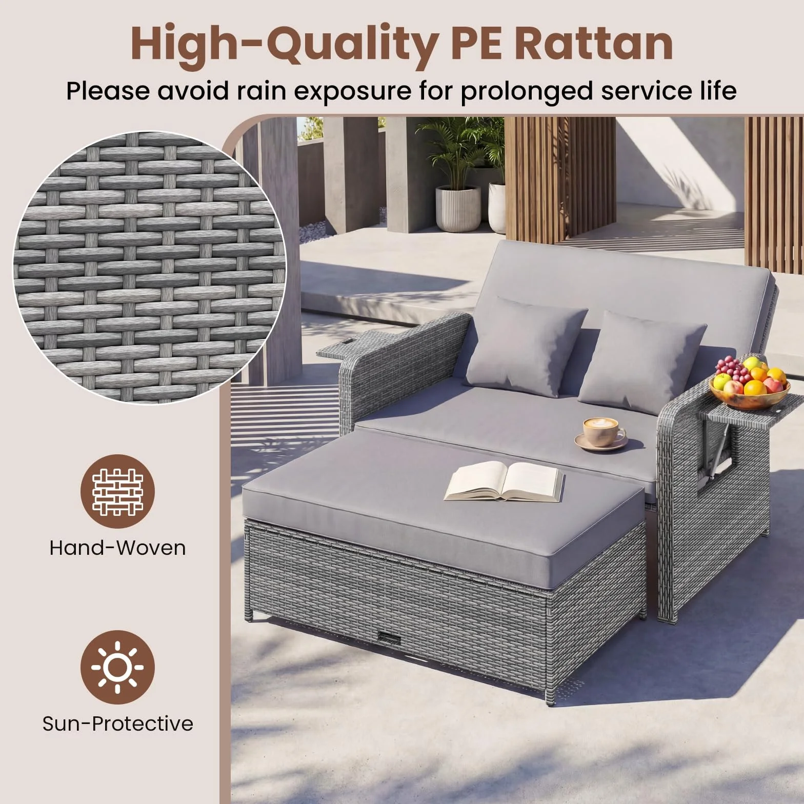 GIANTEX Canape Exterieur Jardin 2 Pièces, Canapé de Jardin 2 Places en Rotin PE, Ottoman de Rangement, Dossier Réglable, Tables d'Appoint Rétractables, Coussins Doux, pour Porche, Patio, Gris