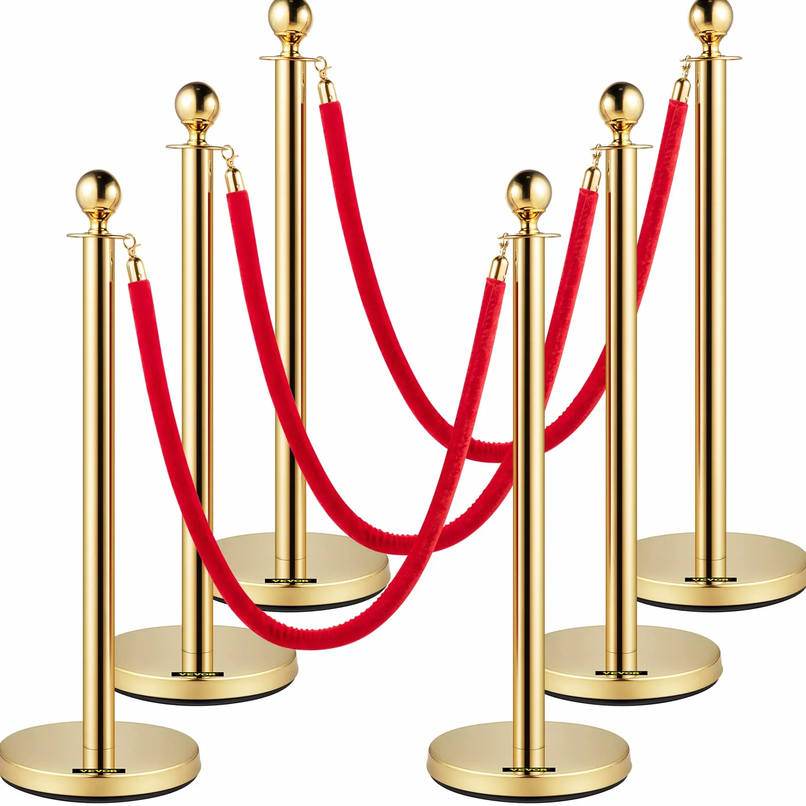 VEVOR Poteau de Guidage Doré 6PCs, Barrière de Balisage avec Corde en Velours Rouge 1,5 m