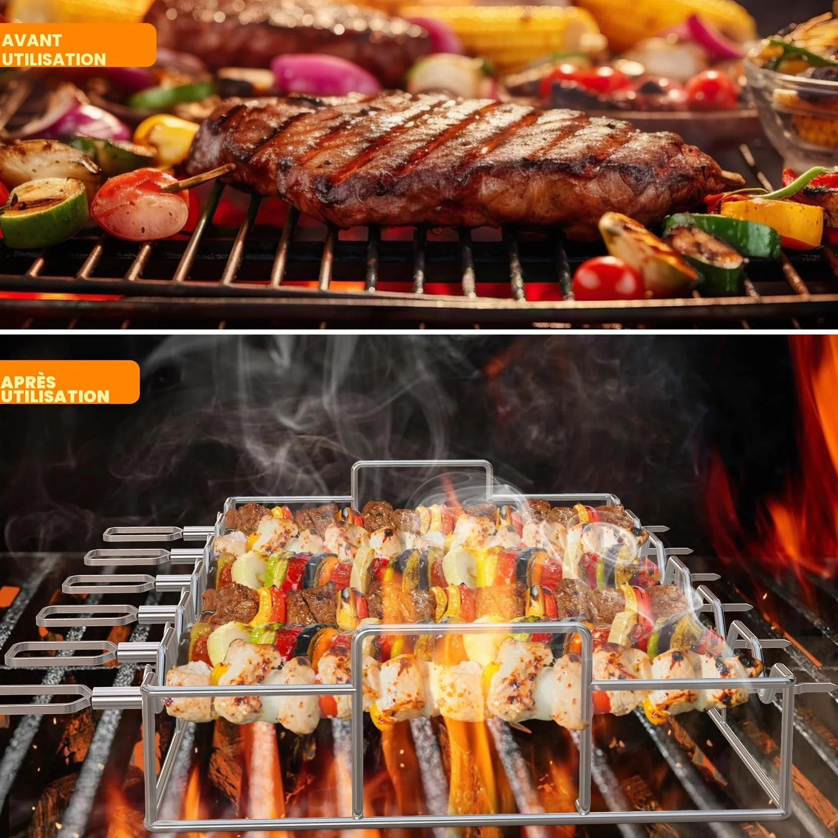onlyfire Set de Brochettes pour Barbecue en Acier Inoxydable, Pic Brochette INOX avec Support, 6 Brochettes à Viande, Brochettes de Grillades pour Barbecue et Grille, pour Viande et Légumes
