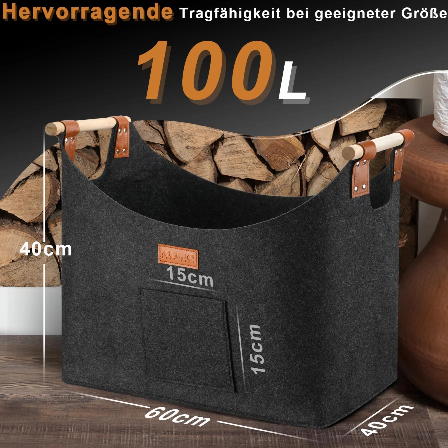 Panier à bois pour bois de cheminée - Taille XXL - Avec double cuir renforcé - 100 l - En feutre - Avec poche avant - Pliable - 60 x 40 x 40 cm