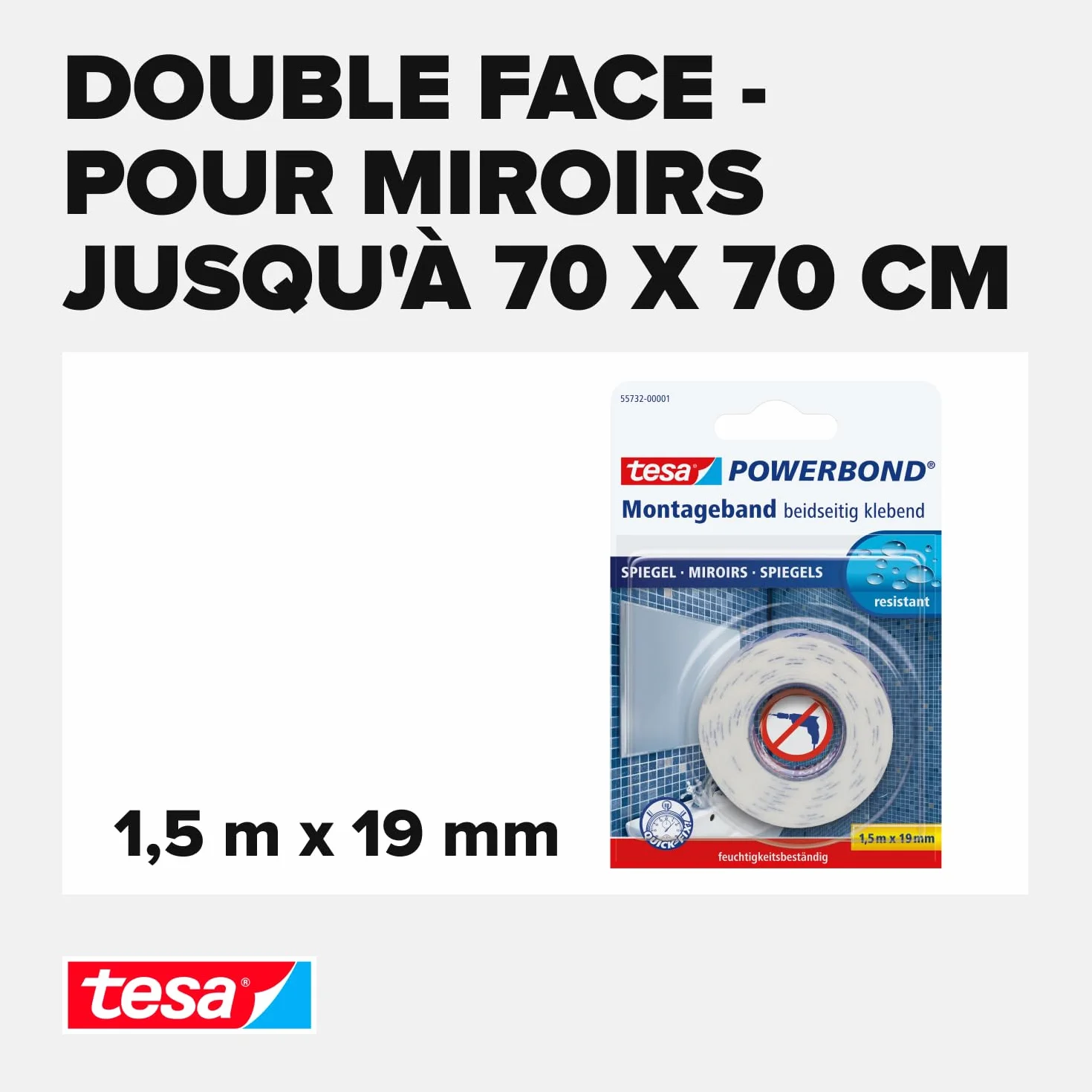 tesa Ruban Adhésif Double-Face de Montage Spécial Miroirs 1,5 m x 1,9 cm Résistant Pièces Humides