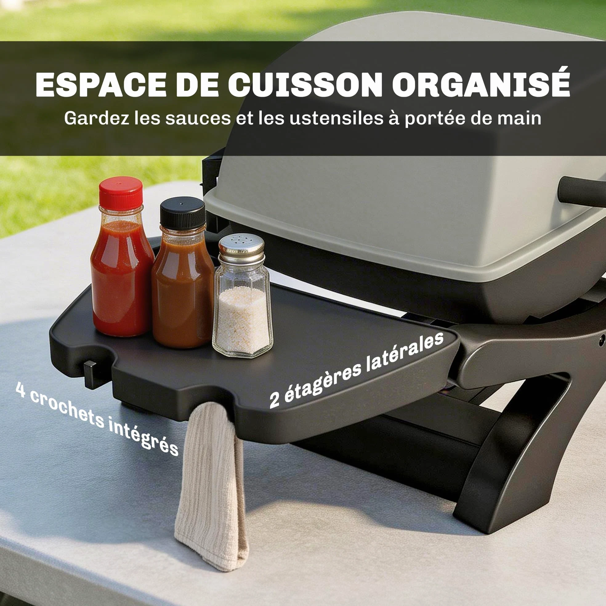 Outsunny Barbecue électrique extérieur 2300W portable avec grilles émaillées, barbecue de table, étagères latérales amovibles, crochets, bac de récupération, pour terrasse, balcon, petit espace, noir