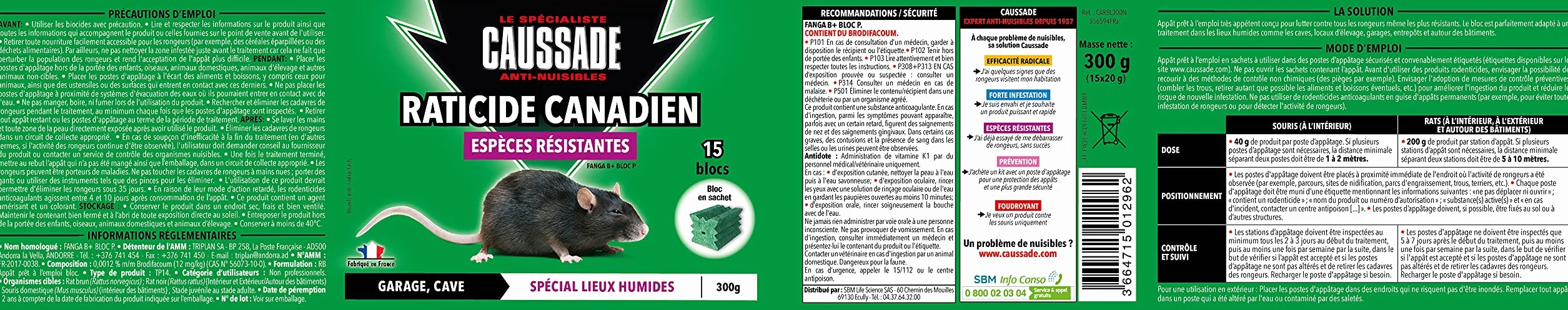 CAUSSADE Raticide Canadien - Anti Rats & Souris - Efficacité Radicale - Lieux très humides – Appâts Blocs - Prêt à l'emploi - Une Ingestion Suffit - Fabriqué en France - 15 Blocs - 300g CARBL300N