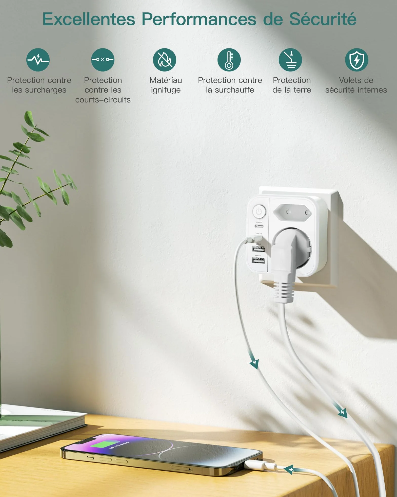 Prise Multiple 6-en-1 Multiprise avec 2 Ports USB A & USB C Prise Murale Interrupteur 4000W/16A Double Prise