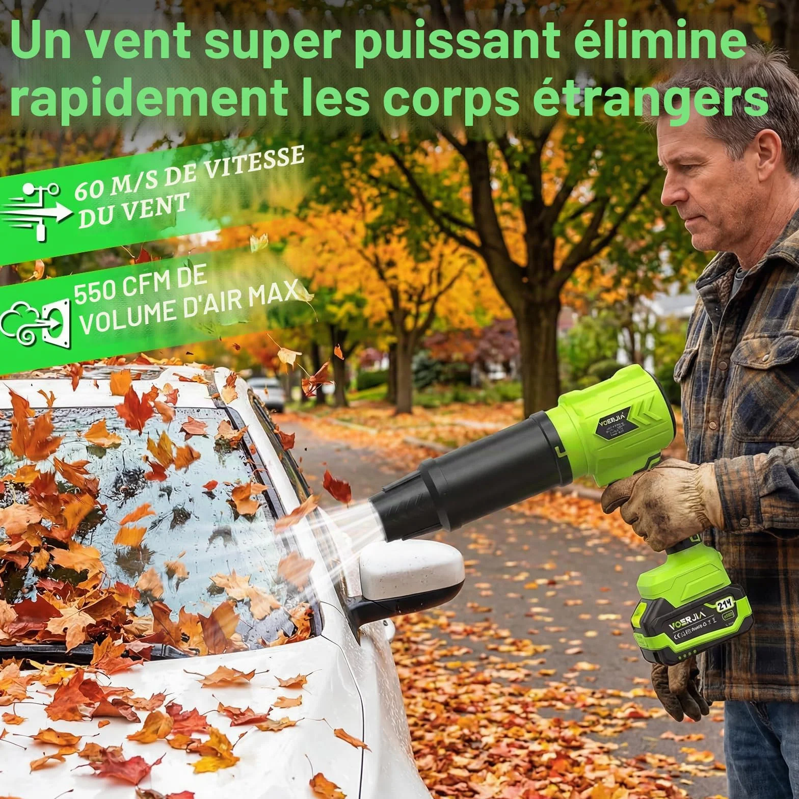 Souffleur à feuilles sans fil 21 V 4000 mAh avec 2 batteries et chargeur