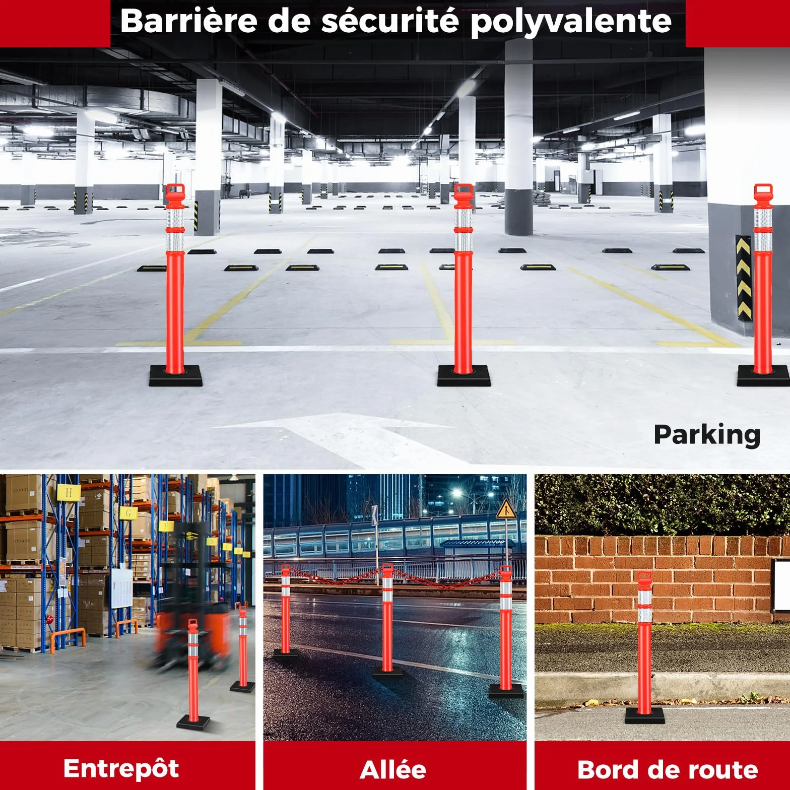 COSTWAY Poteau de Signalisation 3 Pcs Base en Caoutchouc 114,5 CM, Barrière de Sécurité Rouge Vif