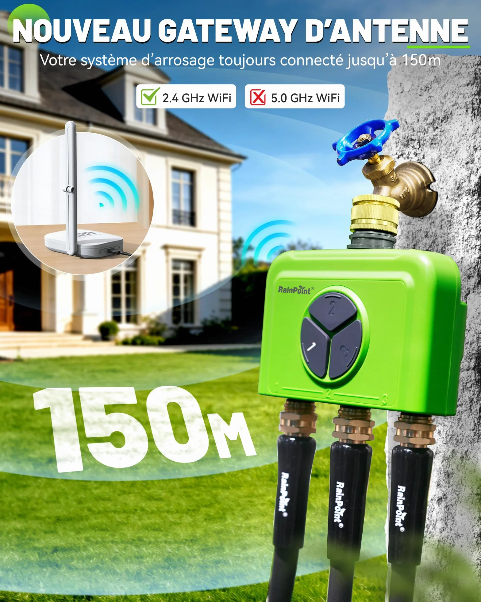 RAINPOINT Programmateur Arrosage WiFi 3 Zones sans Hub, Connecté, Entrée en Laiton, Contrôle App et Vocal, Retard Pluie Automatique