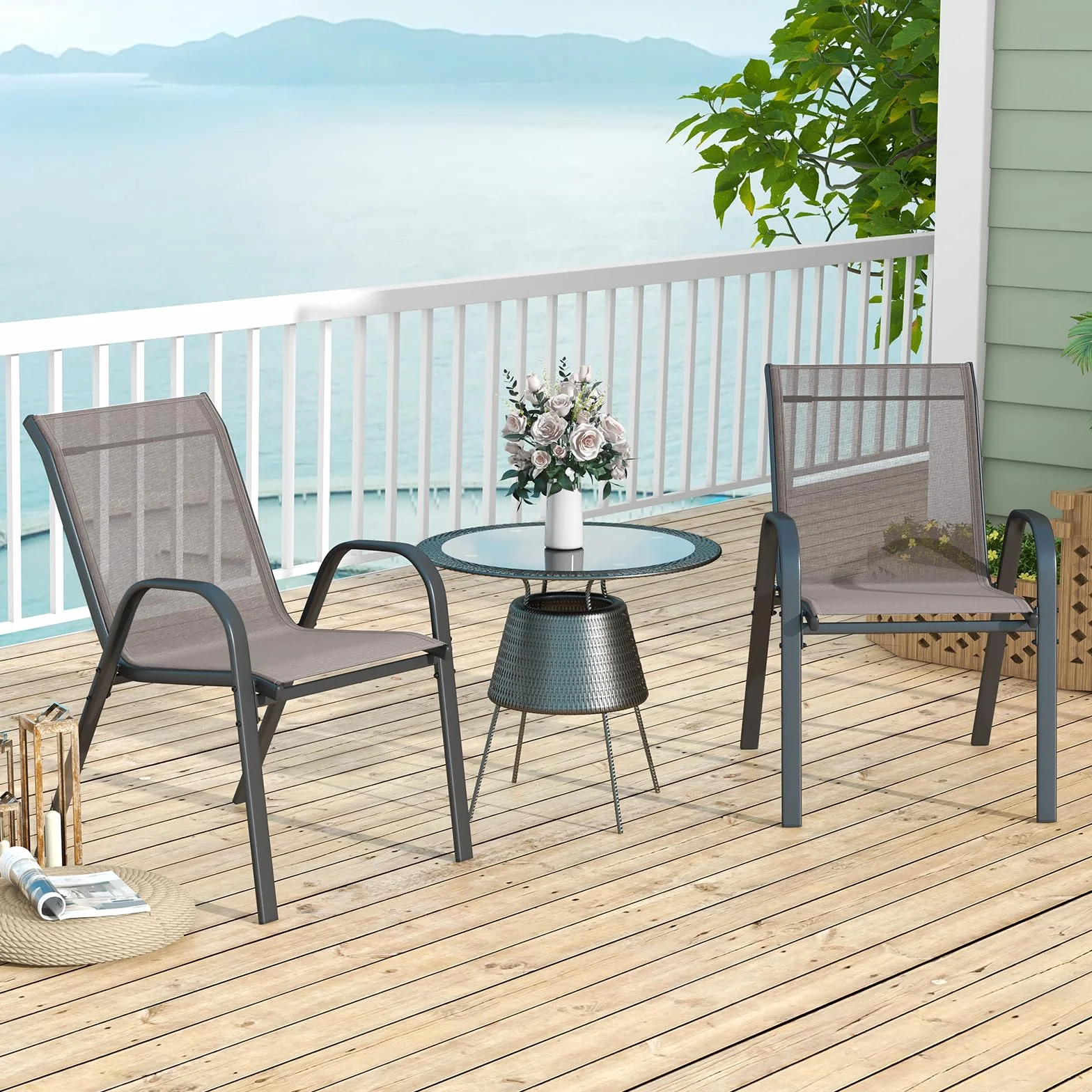 COSTWAY Lot de 2/4 Chaises de Jardin Exterieures avec Cadre en Métal, Chaise de Salle à Manger Empilable en Tissu Respirant, Fauteuil d'Extérieur pour Cour, Balcon, Piscine, Charge 150 KG (Gris,4)