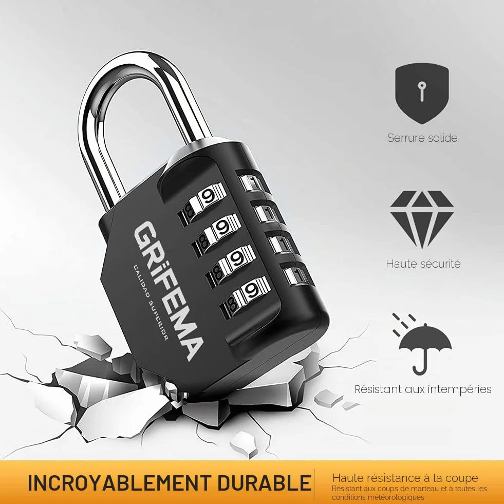 GRIFEMA GA1001-1 Cadenas Code 4 Chiffres Résistant Aux Intempéries Alliage de Zinc Noir