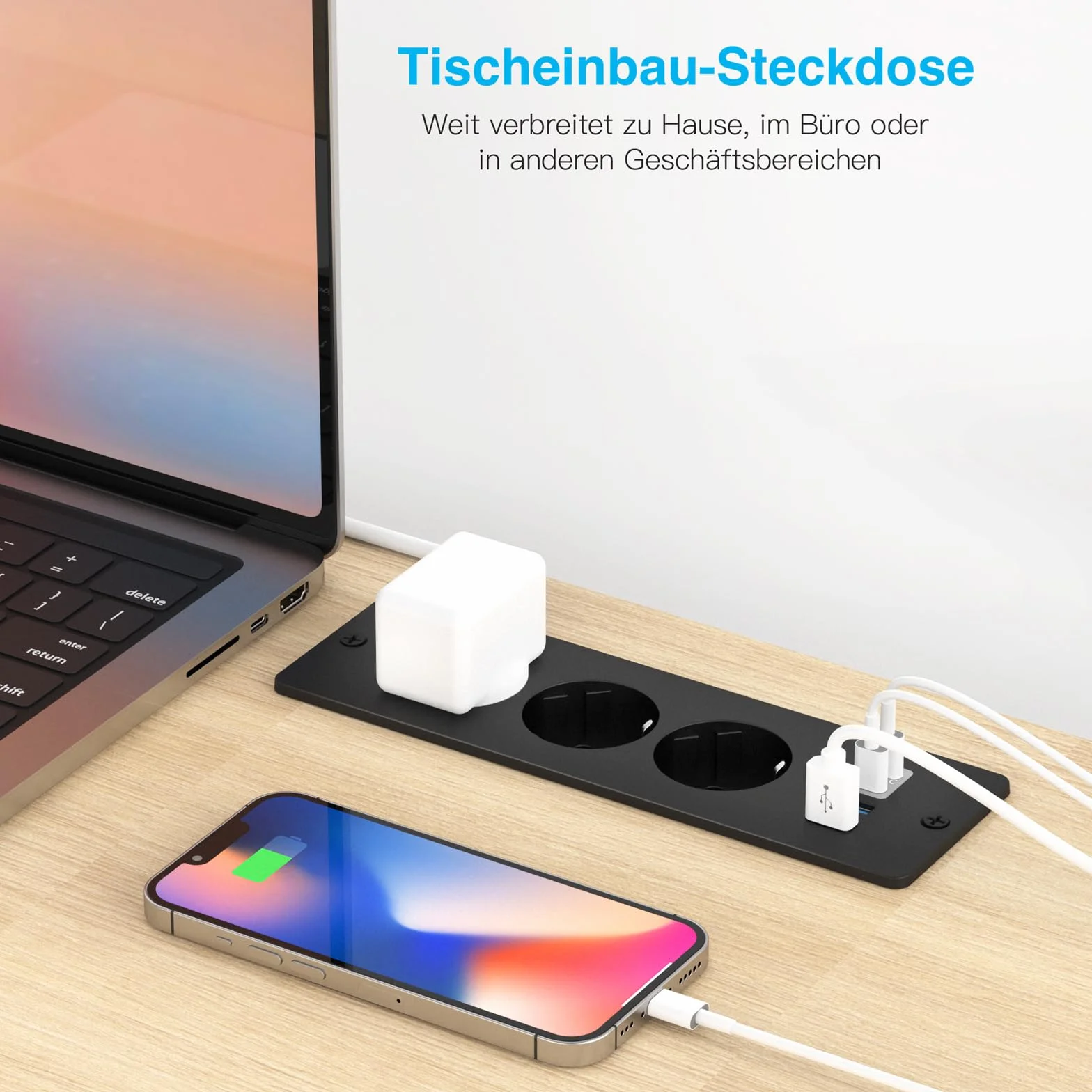 Prise Encastrable de Table 3 Prises 2 USB-A 2 Type-C Câble 2m Noir