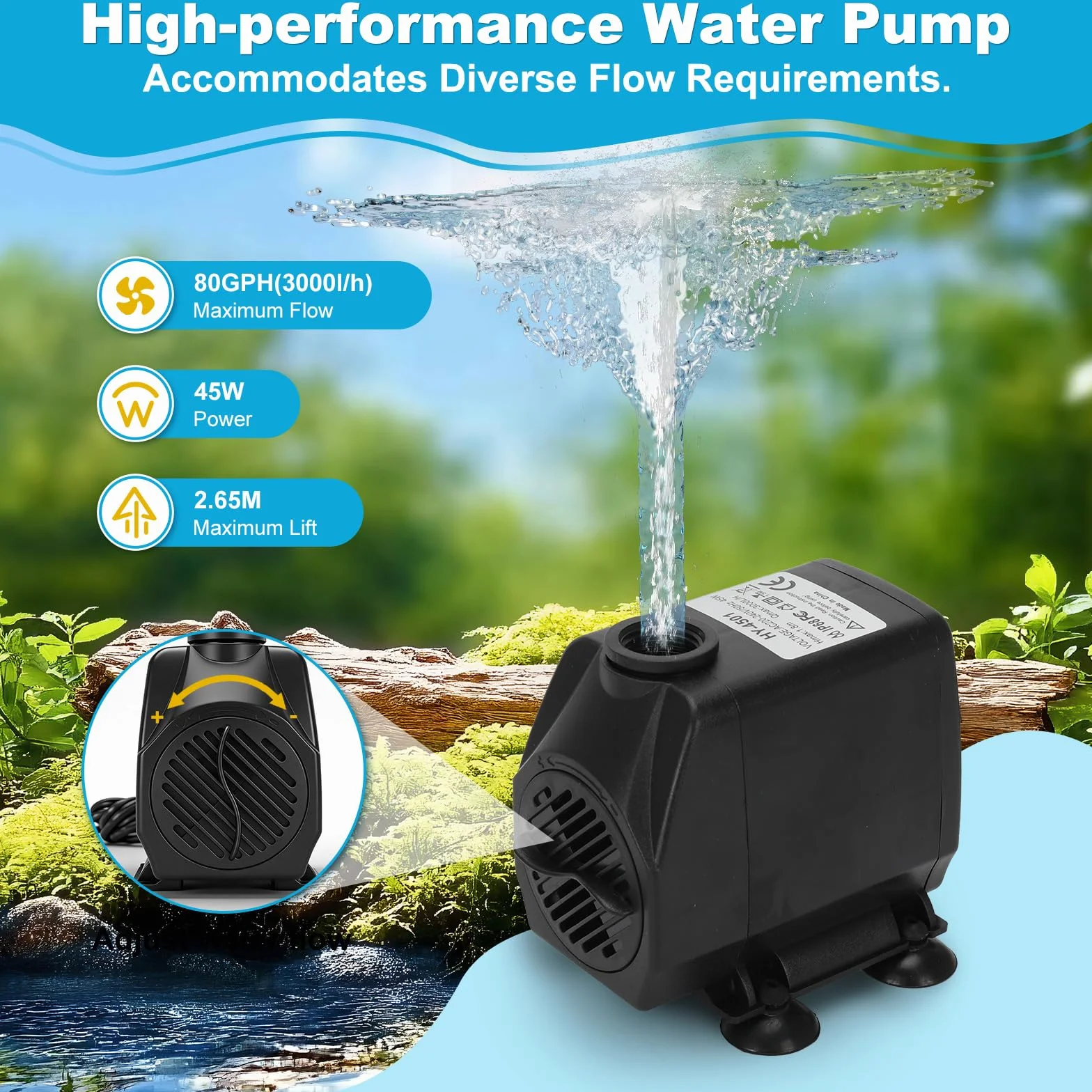 WingFly Cascade Bassin Exterieur 30 cm Acier Inoxydable Pompe 45 W 3000 l/h Fontaine Jardin