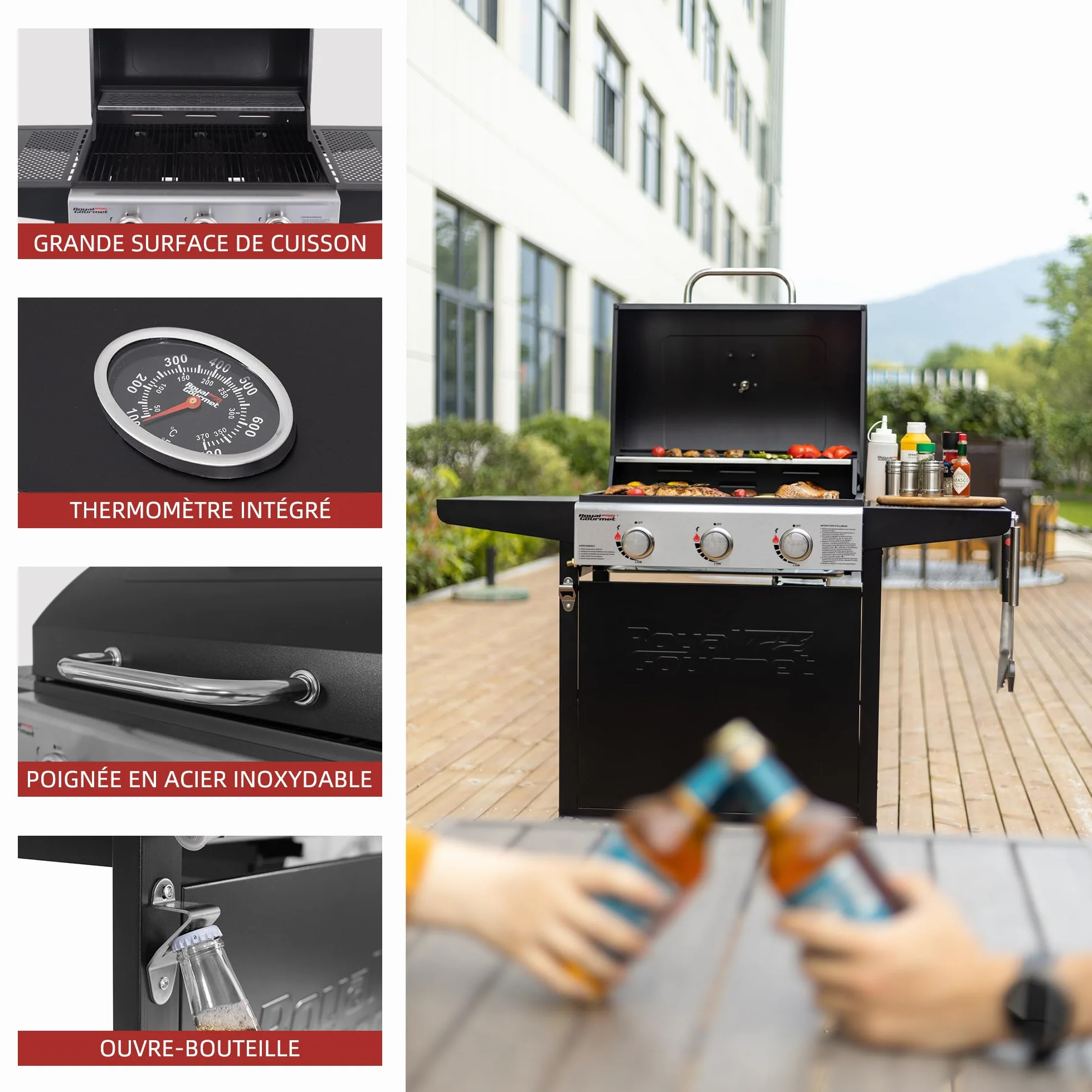 Royal Gourmet Barbecue Gaz sur Chariot, 3 Brûleurs BBQ Gaz avec Capot, Puissance 9kW Propane, 2 Grilles en Émaillée, 2 Table Latérales, Thermomètre Intégré, Adapté pour Jardin et Camping