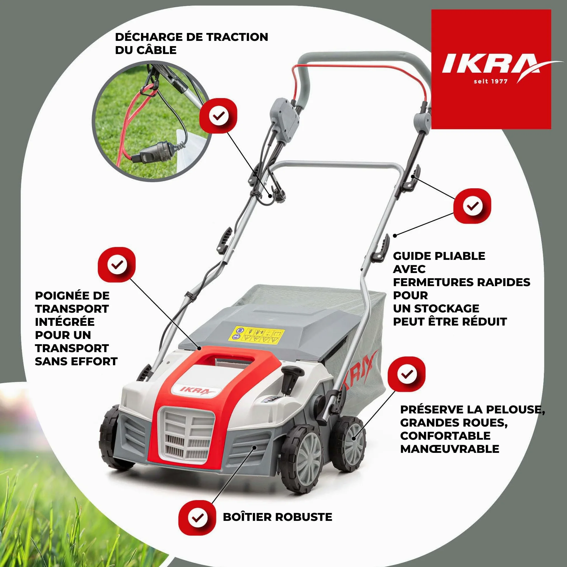 IKRA scarificateur aérateur électrique IEVL 1840, largeur de travail 40cm, puissance 1.800 watts, Gris/Rouge