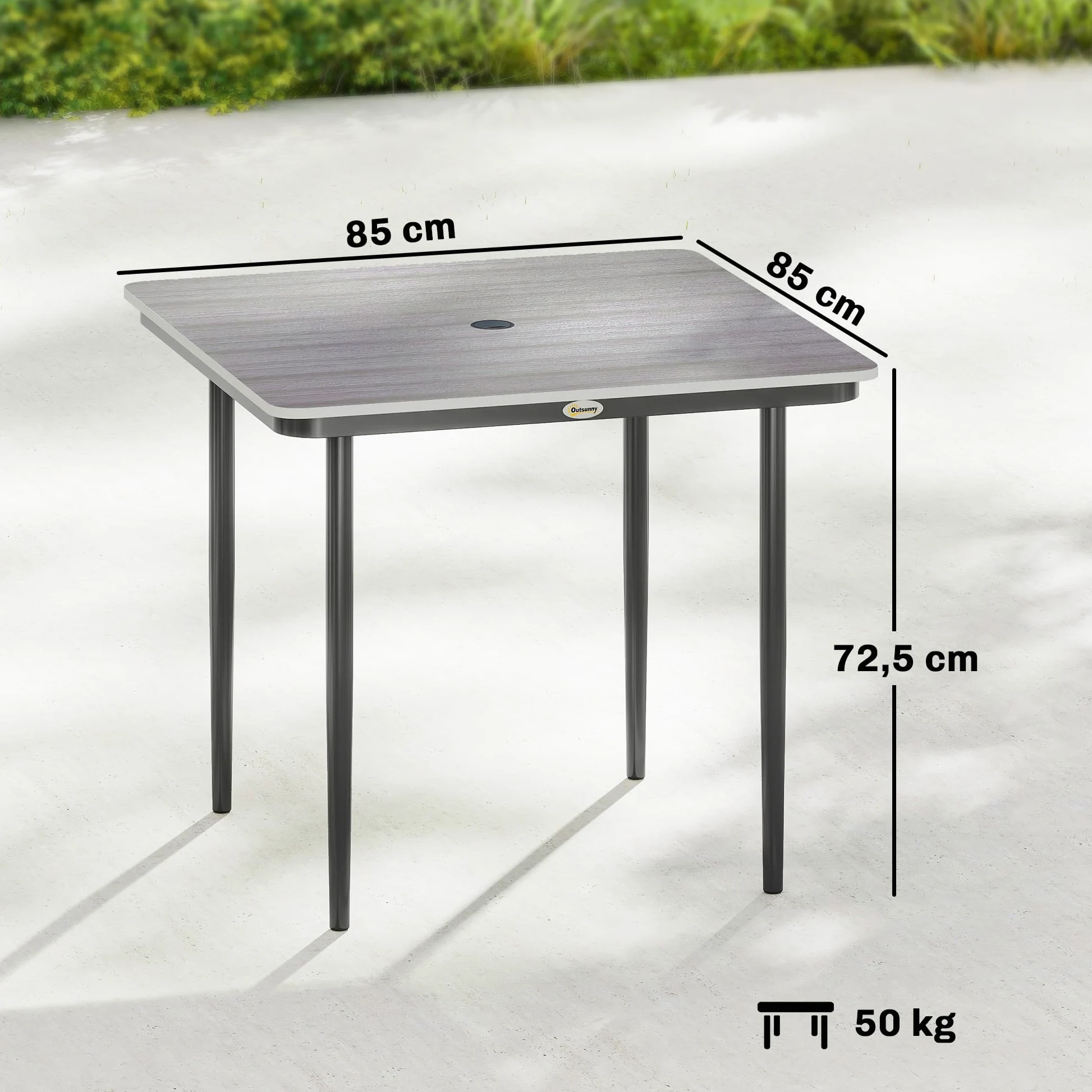Outsunny Table de Jardin rectangulaire pour 4 Personnes, Table à Manger extérieure avec Trou de Parasol et Pieds en métal, pour Balcon, Porche, terrasse, 85 x 85 x 72,5 cm, Gris