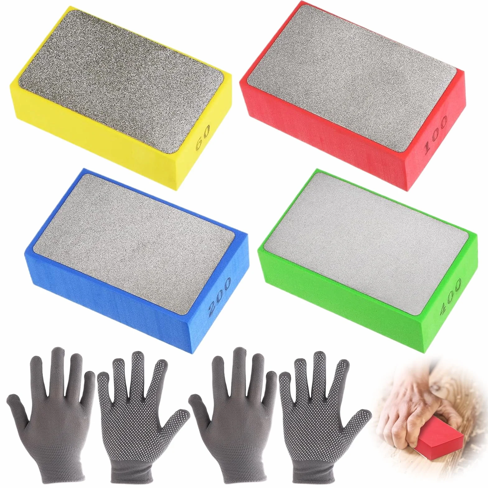 Patins de ponçage diamantés lot de 4 avec gants antidérapants pour verre carrelage pierre