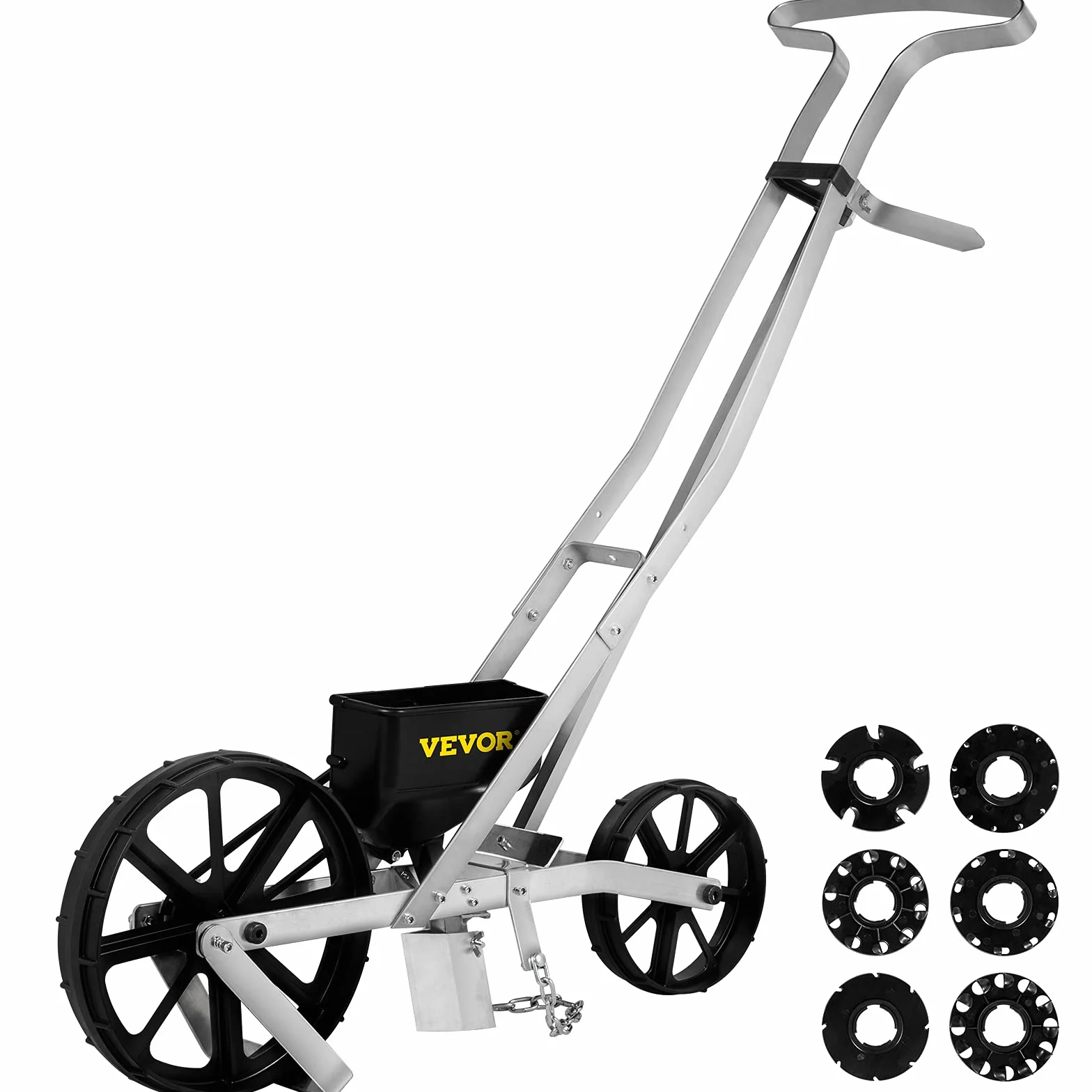VEVOR Semoir Jardin Manuel Aluminium ABS Épandeur Engrais Gazon 78-84 cm Distributeur Graines Précision Métal 6 Plaques de Semences Roue Avant 6 cm Arrière 5 cm pour Graines Maïs, Radis, Carotte, Pois
