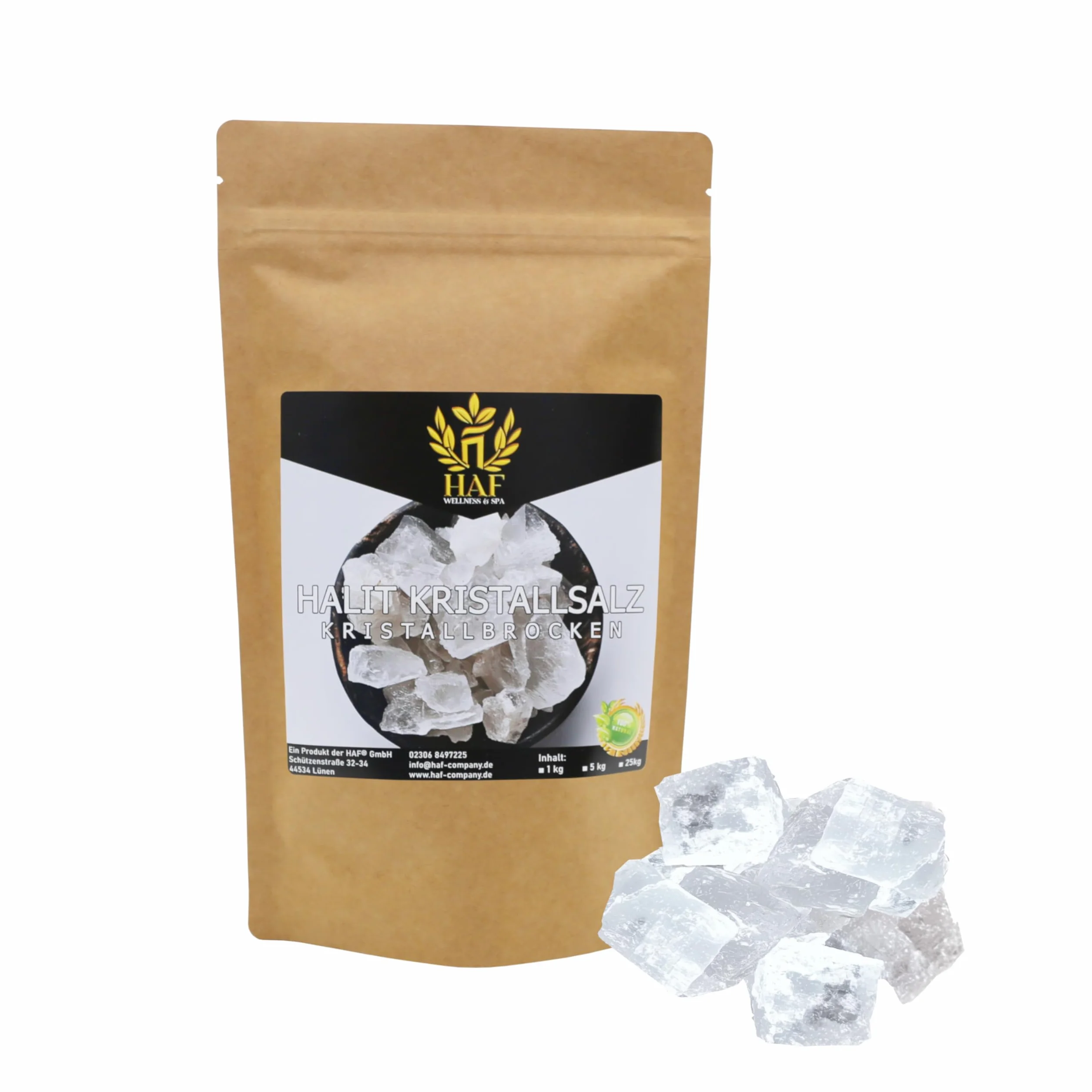 HAF® Halit Morceaux de sel blanc 1 kg | Gros morceaux de sel gemme sans additifs | Taille 2-5 cm