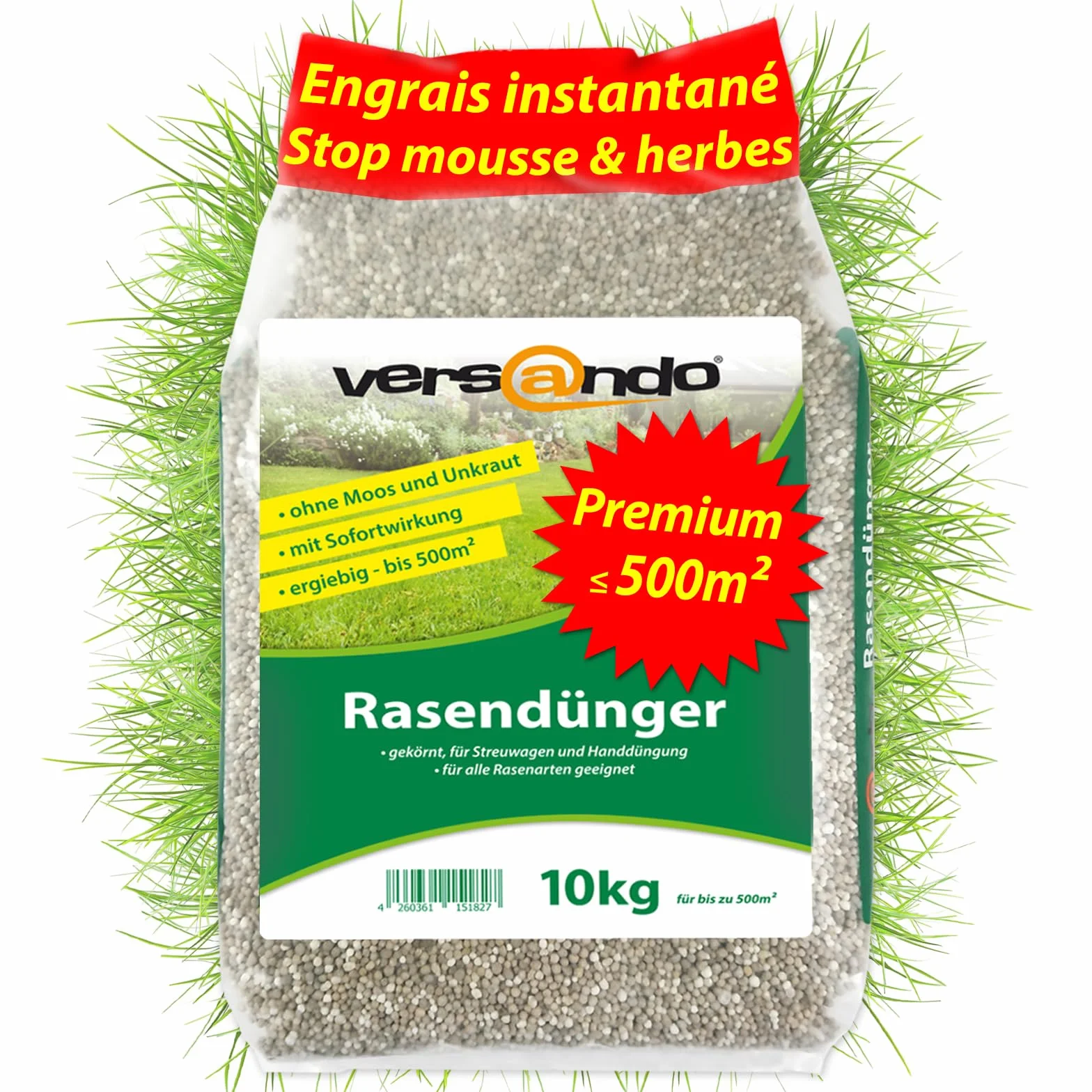 Versando Engrais Gazon Été 10kg 500m² Anti-Mousse Anti-Mauvaises Herbes