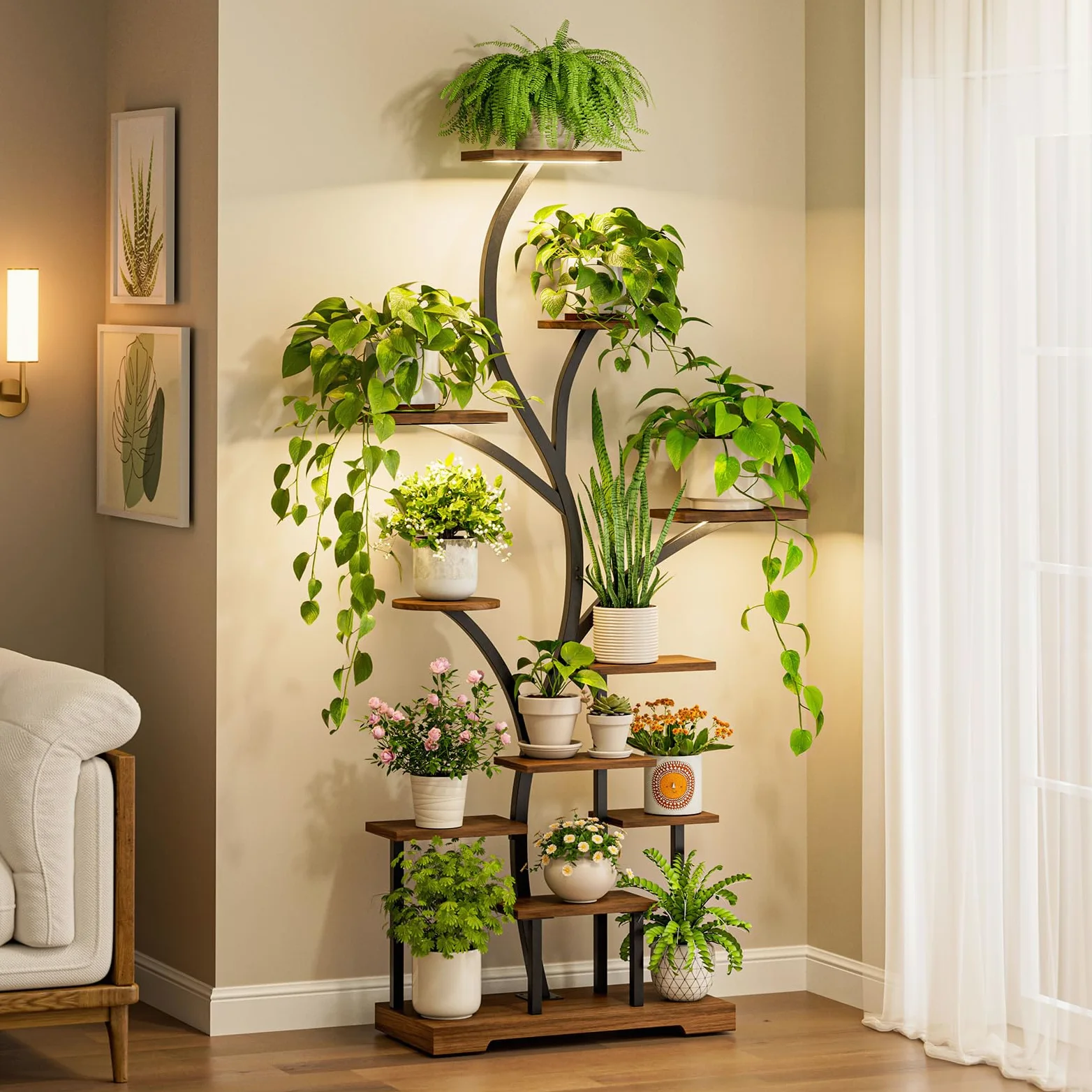 Étagère Plantes d’Intérieur à 11 Niveaux avec Lampes LED, Support Plantes en Métal 160 cm, Gain de Place pour 15–18 Pots, Coin Salon, Chambre, Balcon – Marron
