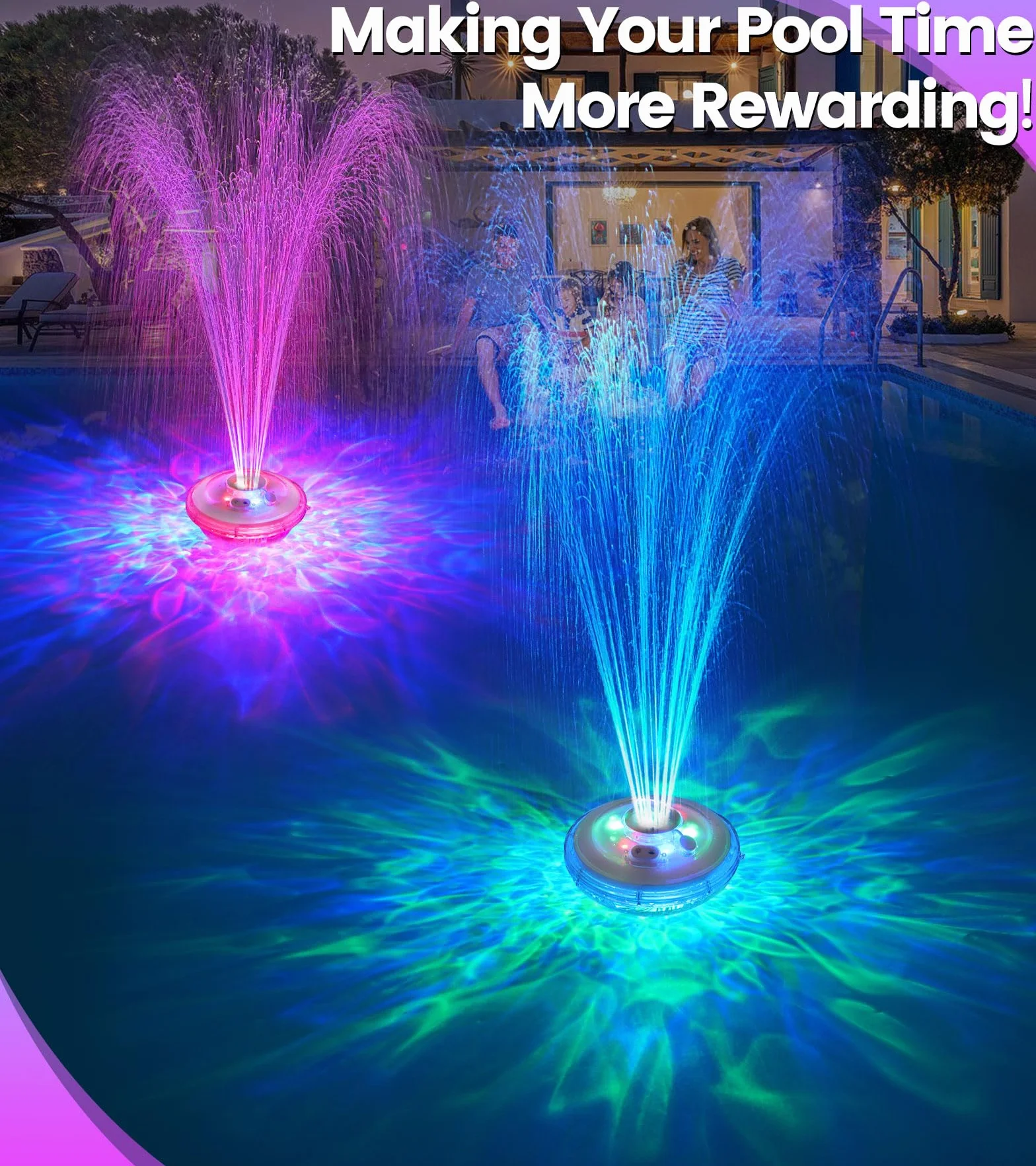 Fontaine Flottante Piscine avec Lumière Rechargeable, 2026, 6 Modes d'Éclairage, pour Piscine Hors Sol