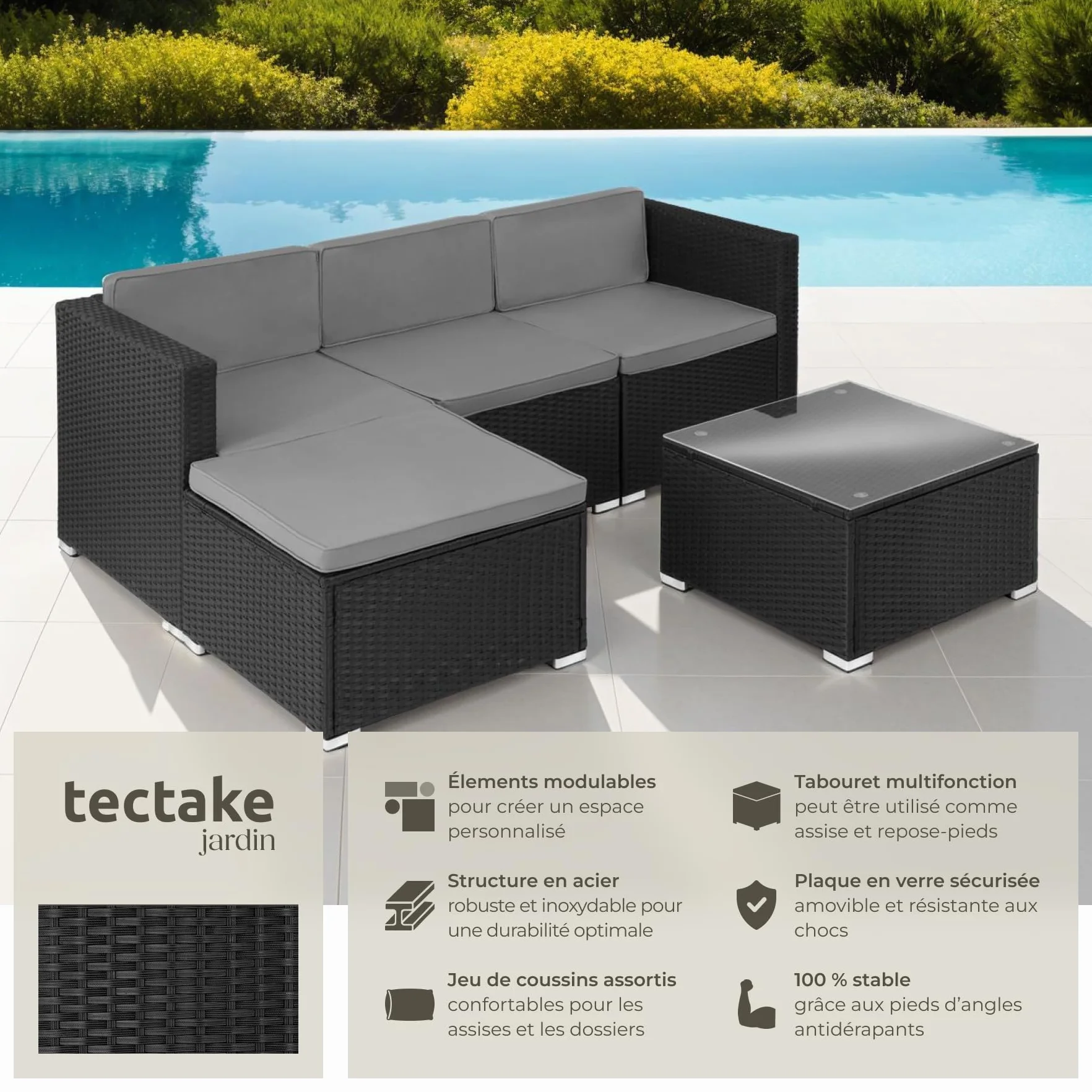 Tectake Ensemble Salon de Jardin Exterieur en Poly Rotin Modulable 4 Places 3 Fauteuils 1 Pouf 1 Table