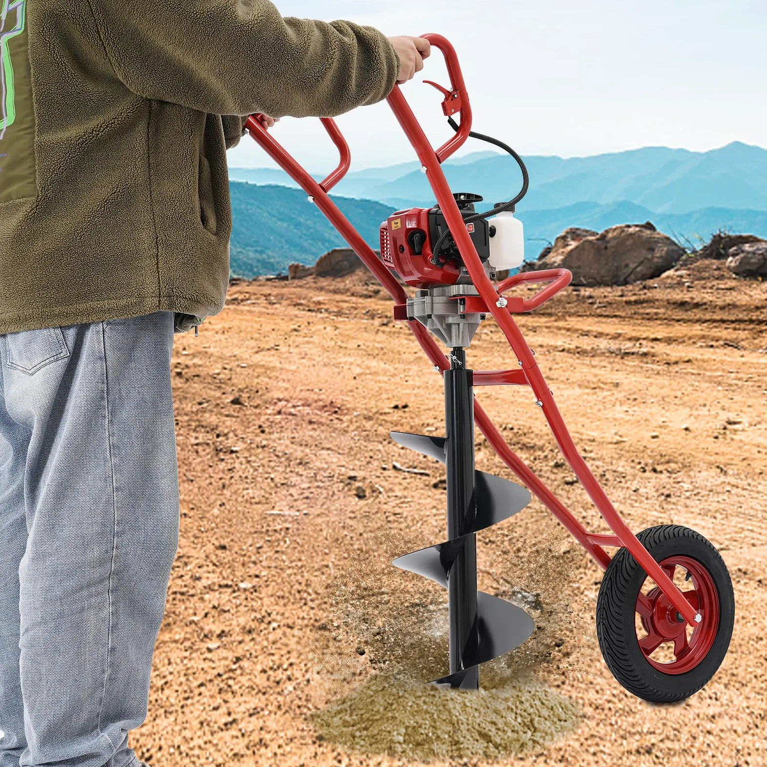 Tarière à 2 temps 52 CC pour perceuse à 1 roue, 1460 W, 8800 ± 300 tr/min, tarière pour creuser, poteaux de boîte aux lettres, installation de clôtures et terrasses.
