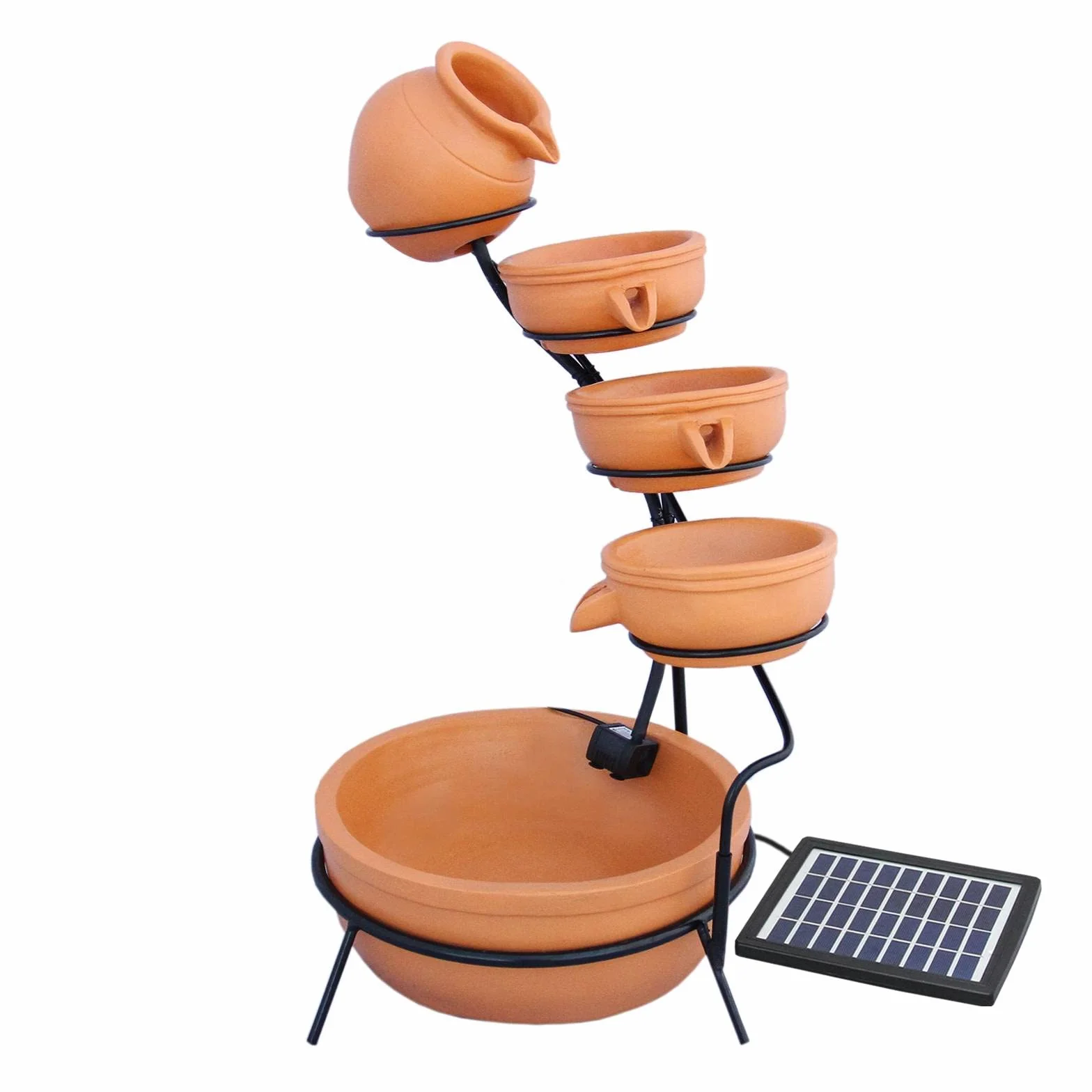 Fontaine Solaire en Cascade de jardin extérieure Terracotta - 4 Niveaux - Décoration Extérieure Jardin Terrasse Abreuvoir - Batterie de 6H Sans Soleil [Piquet de Terre avec Panneau Solaire INCLUS]