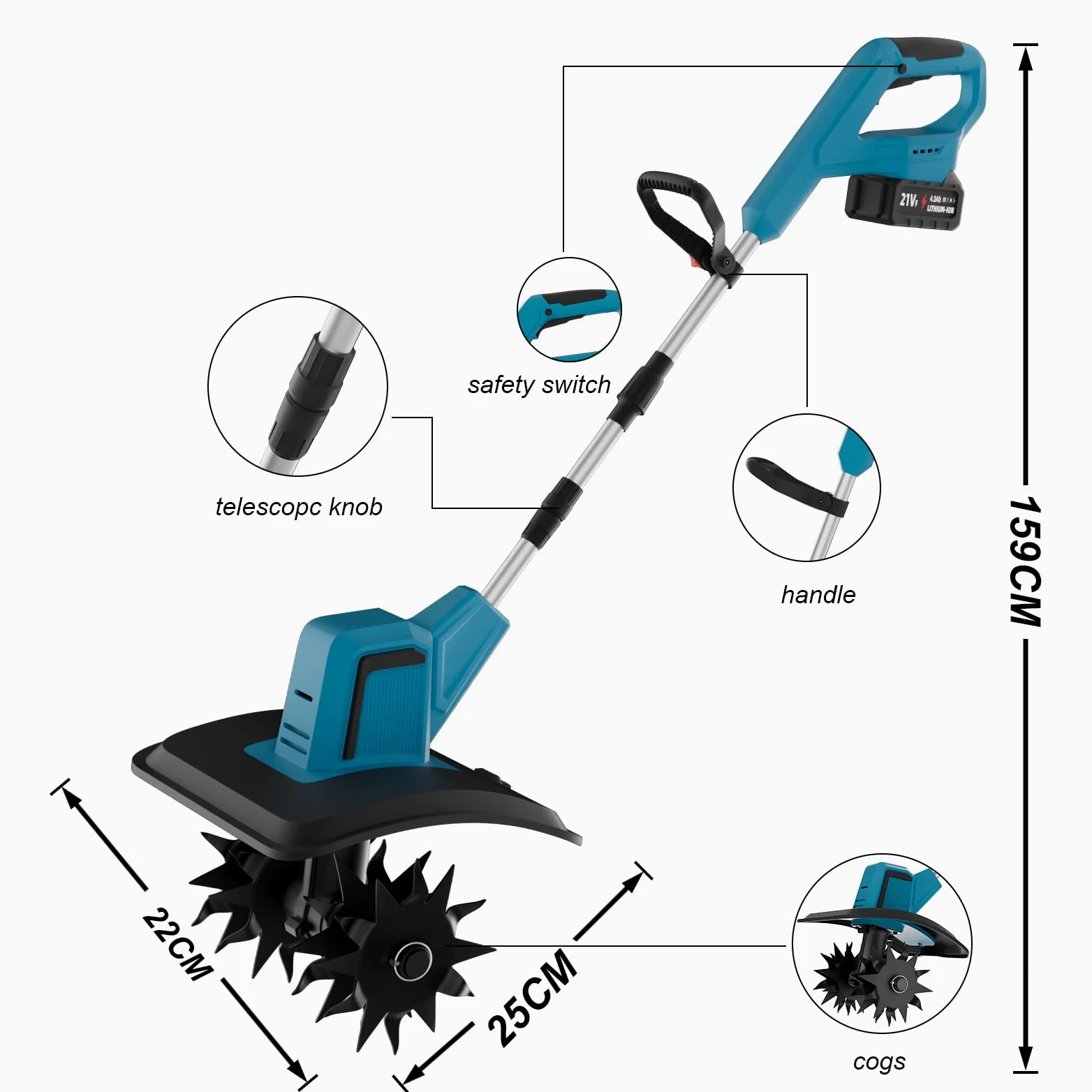 Motobineuse Électrique sans Fil 550W, Motoculteur Batterie 20cm | Moteur Brushless 550W, 2 Batteries 4.0Ah, Largeur 20cm, Profondeur 15cm, 4 Lames Acier, Poignée Ajustable, Double Sécurité